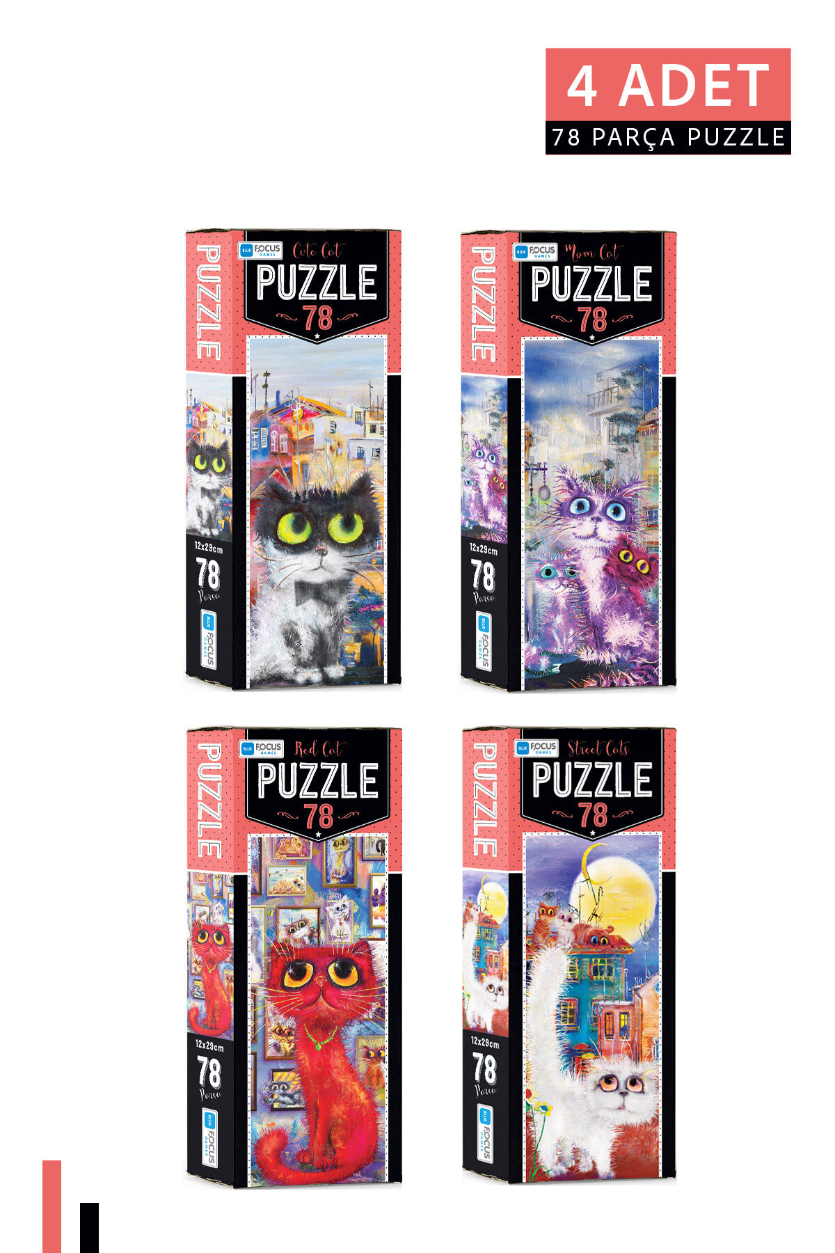 4 ADET 78 Parça Puzzle-Red Cat ve Cute Cat ve Mom Cat ve Street Cats