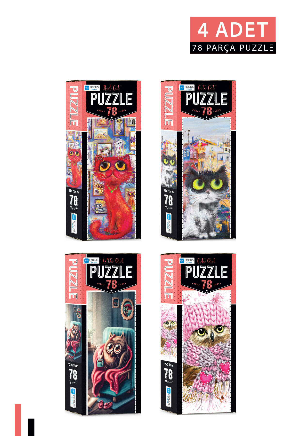 4 ADET 78 Parça Puzzle-Red Cat ve Cute Cat ve Cute Owl ve Little Owl