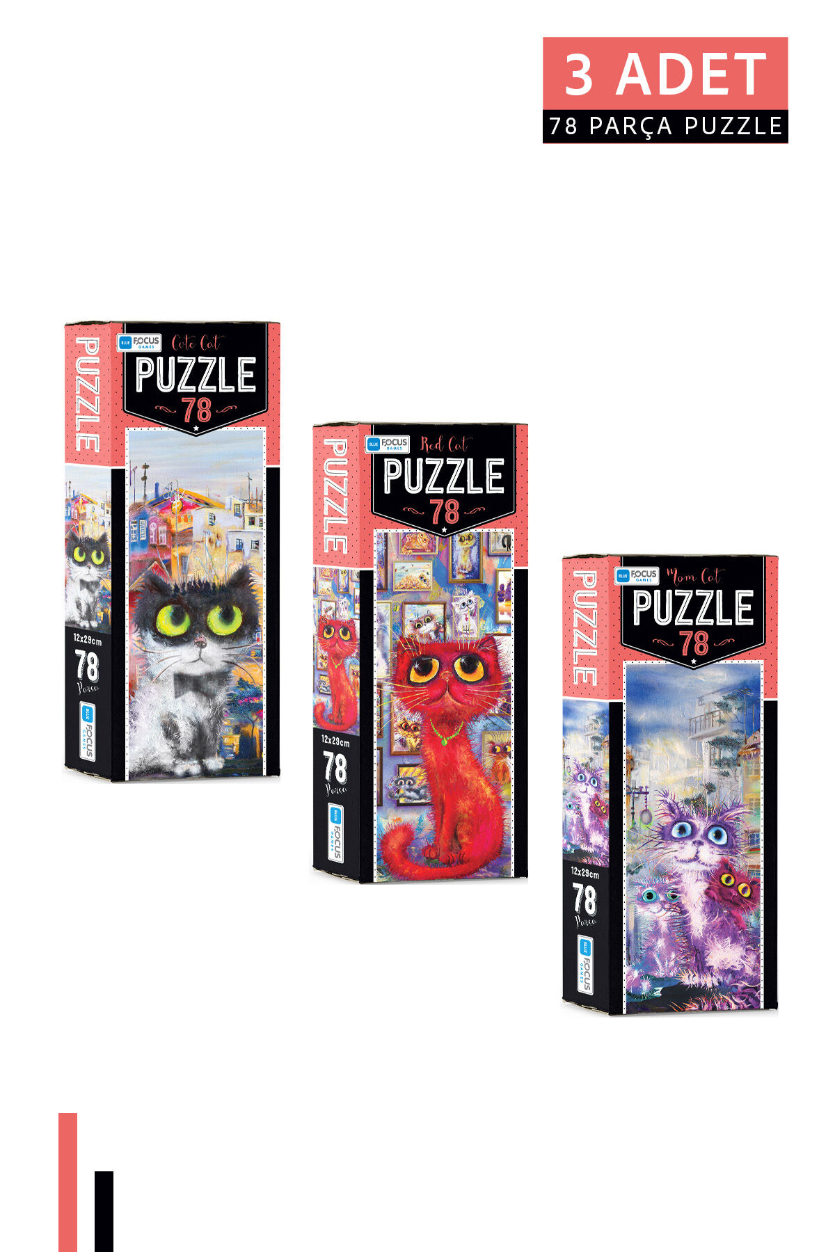 3 ADET 78 Parça Puzzle-Red Cat ve Mom Cat ve Cute Cat ve