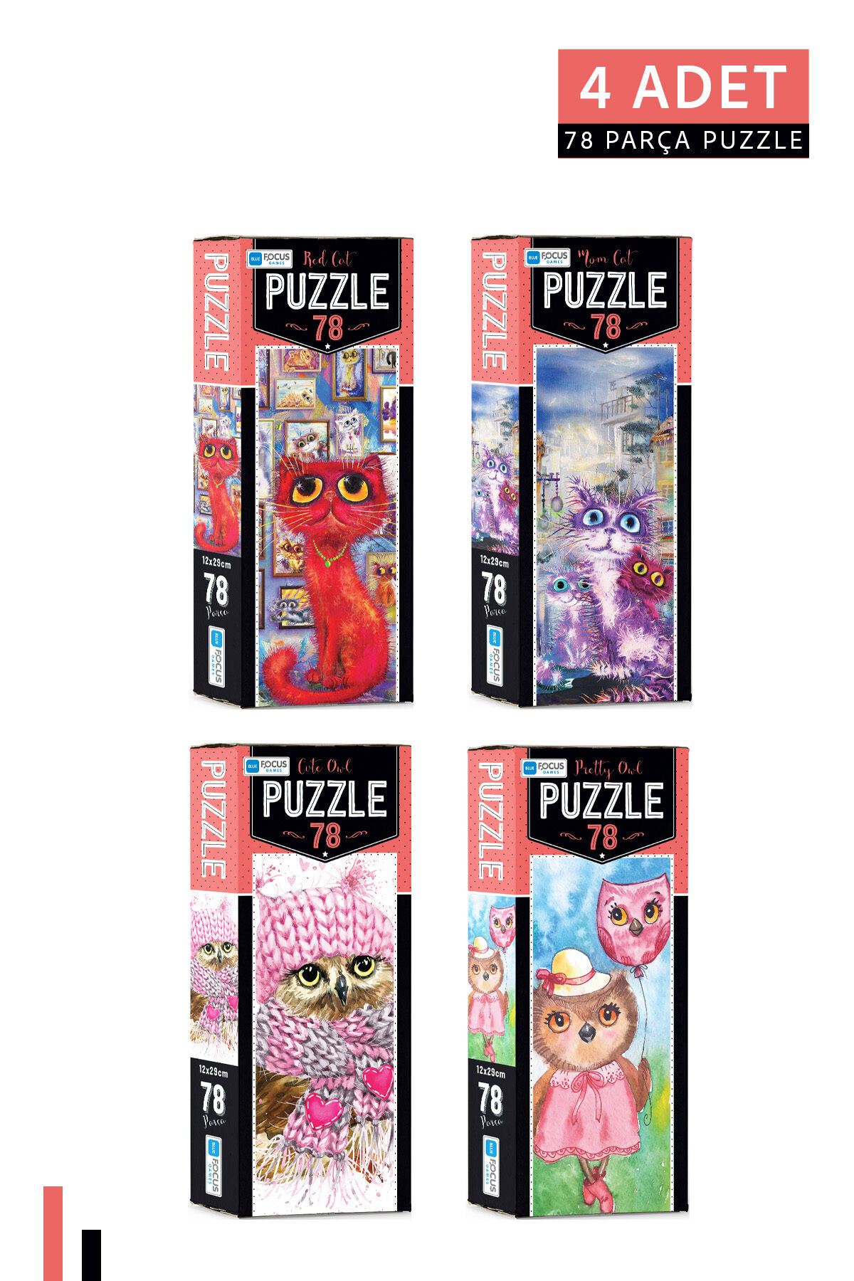4 ADET 78 Parça Puzzle-Red Cat ve Mom Cat ve Cute Owl ve Pretty Owl