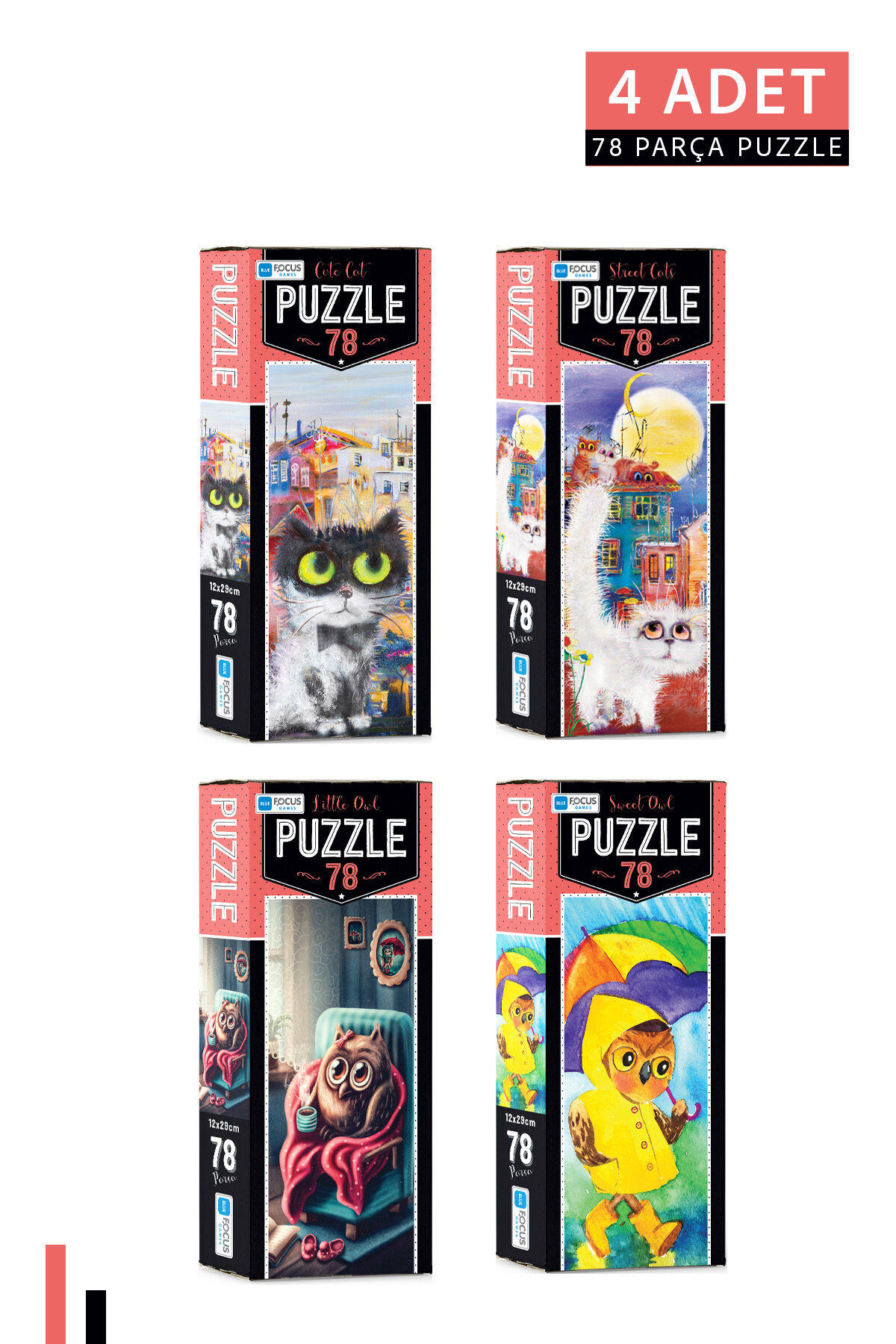 4 ADET 78 Parça Puzzle-Cute Cat ve Street Cats ve Little Owl ve Sweet Owl