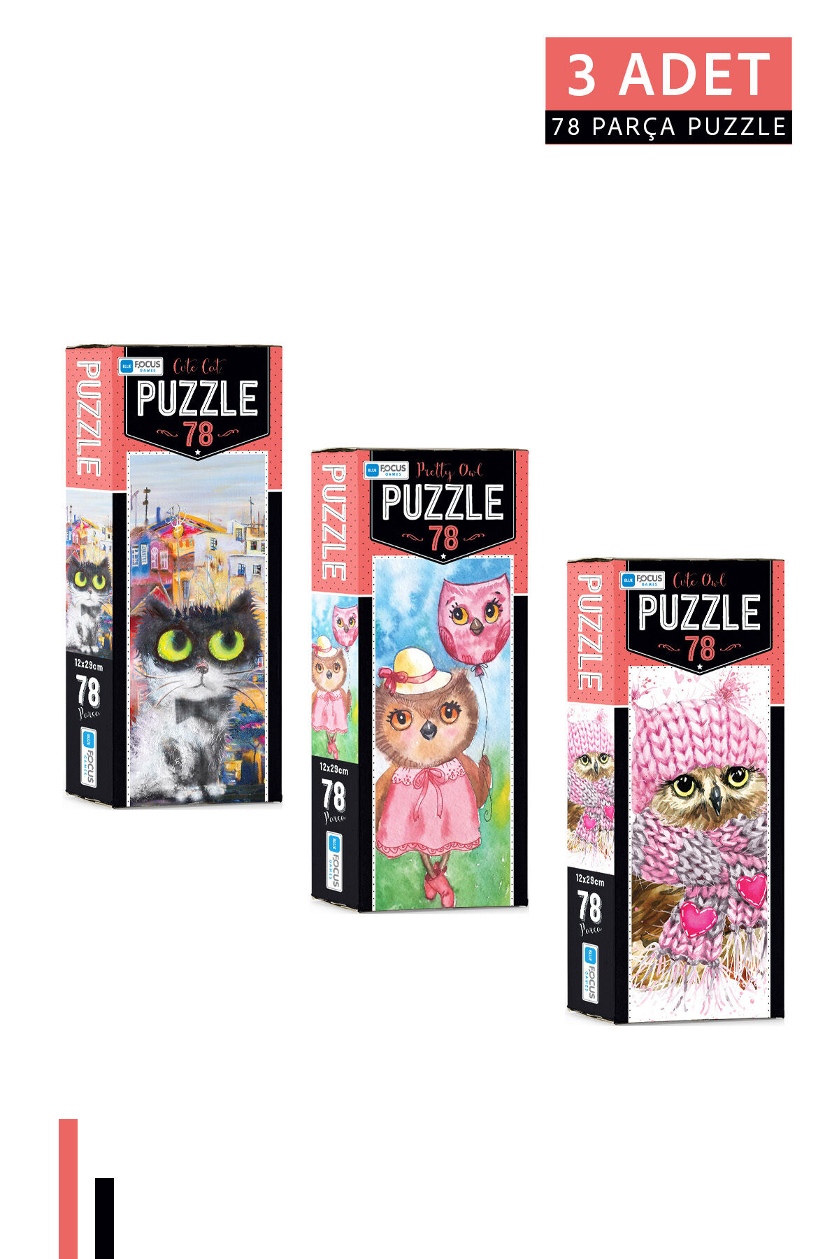 3 ADET 78 Parça Puzzle-Cute Cat ve Pretty Owl ve Cute Owl