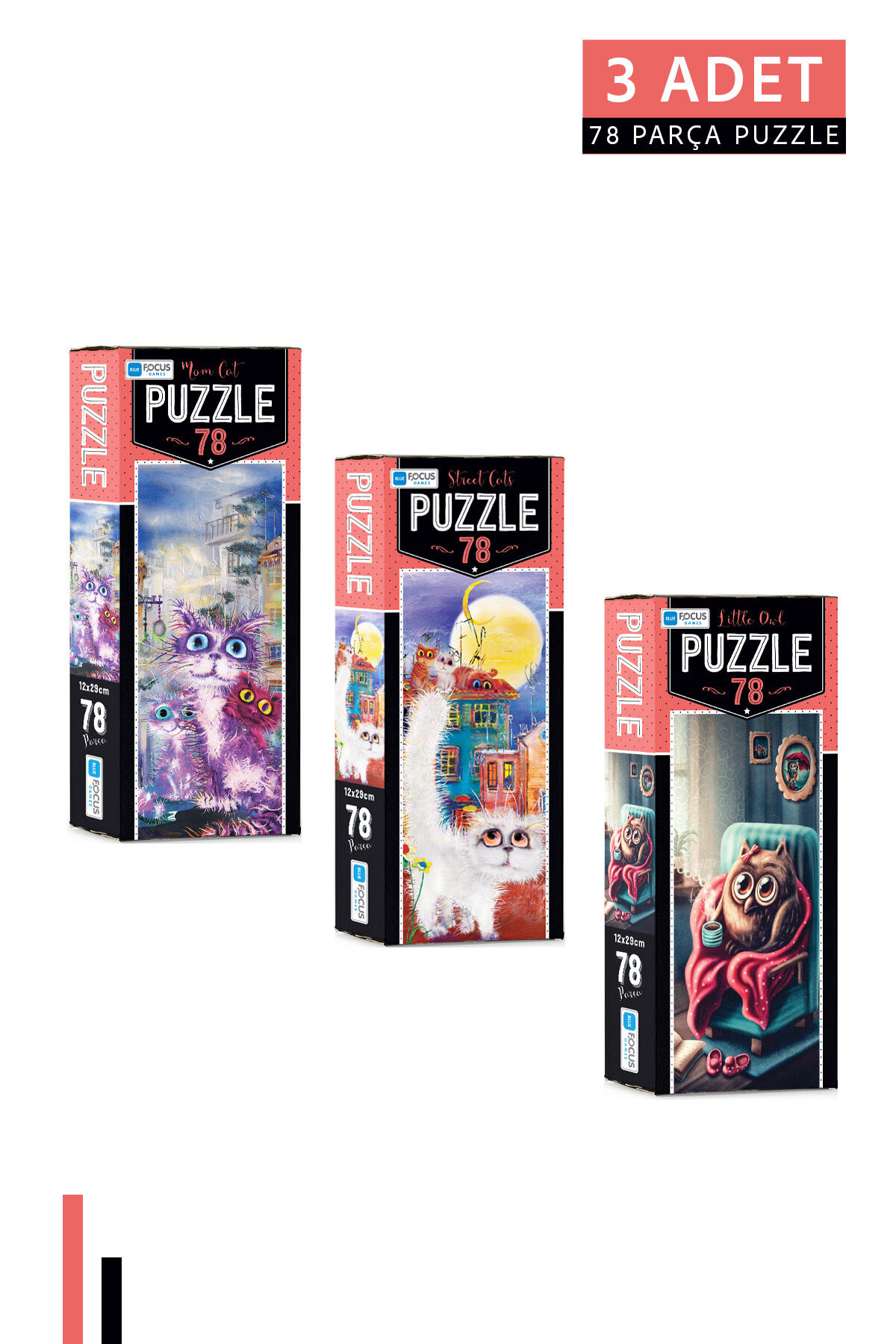 3 ADET 78 Parça Puzzle-Mom Cat ve Street Cats ve Cute Cat