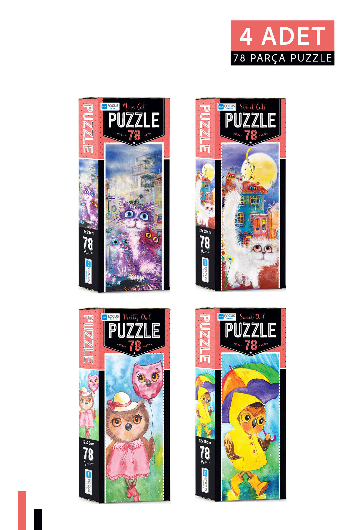 4 ADET 78 Parça Puzzle-Mom Cat ve Street Cats ve Pretty Owl ve Sweet Owl