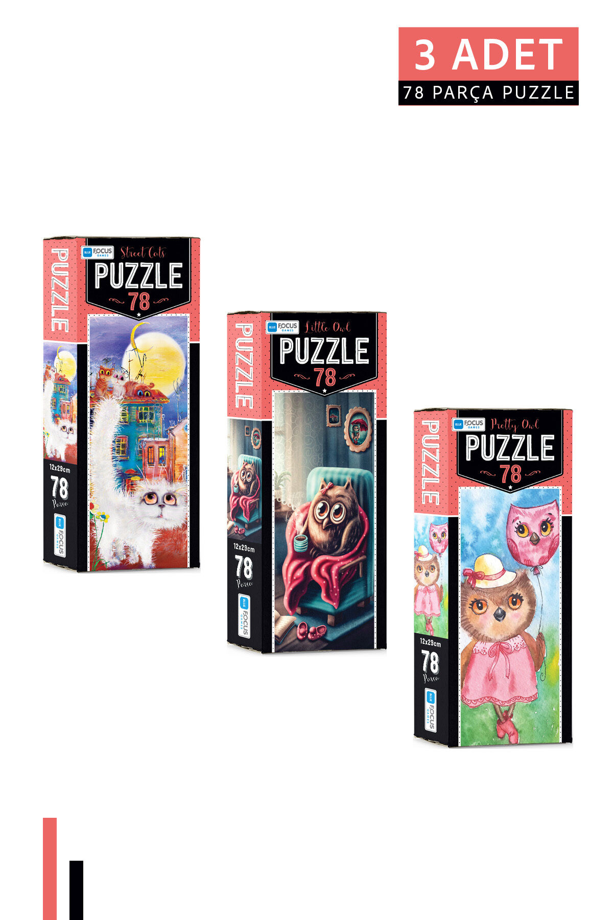 3 ADET 78 Parça Puzzle- Street Cats ve Little Owl ve Pretty Owl