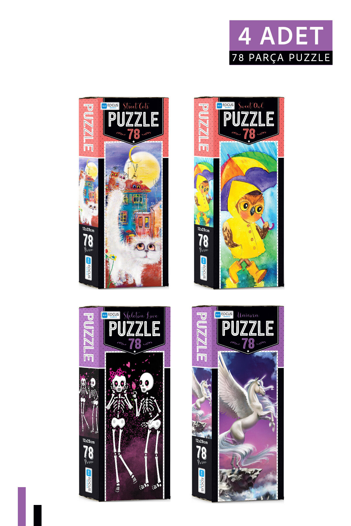 4 ADET 78 Parça Puzzle- Street Cats ve Sweet Owl ve Skeleton Love ve Unicorn