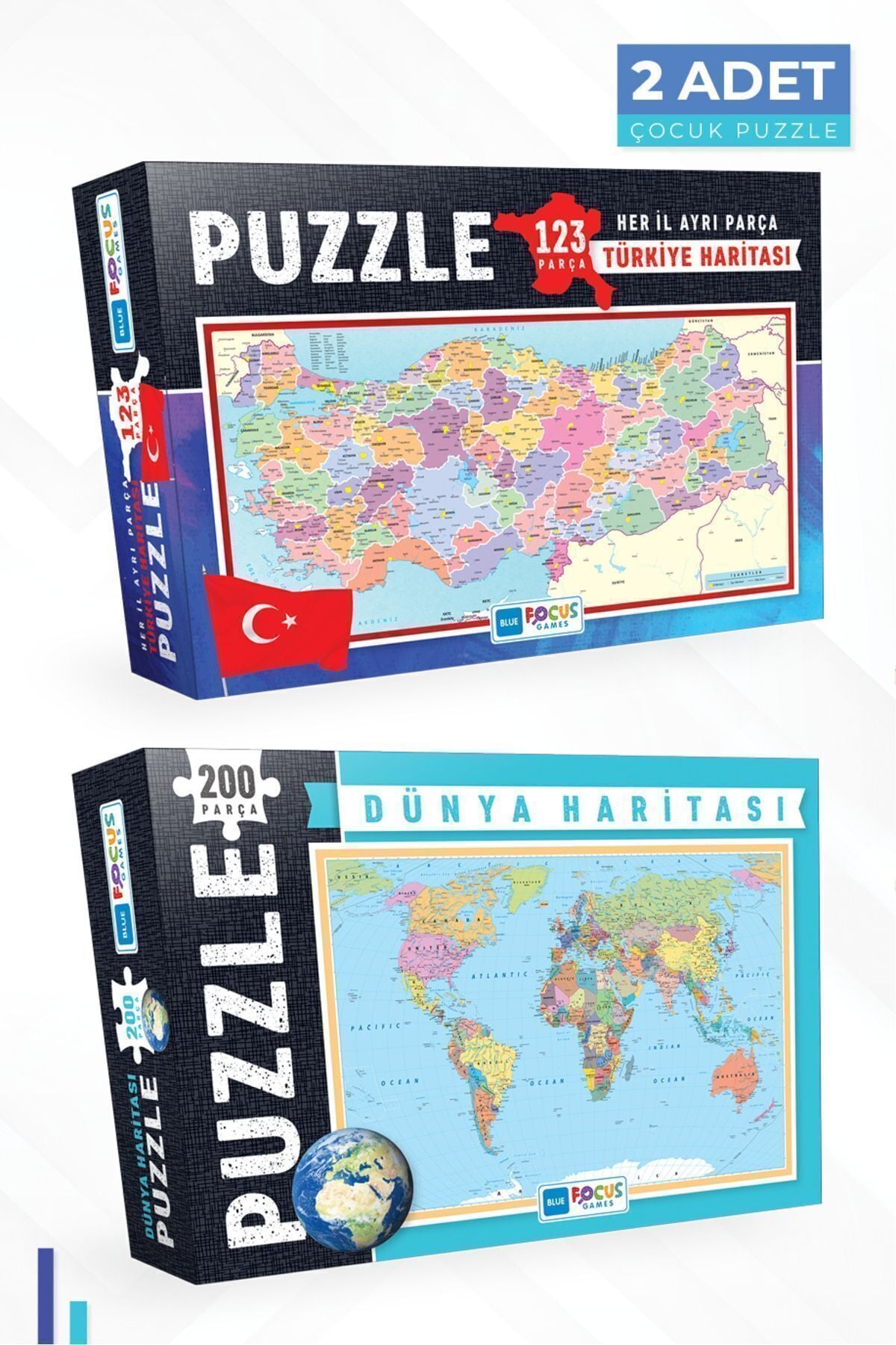 2 ADET PUZZLE - 123 PARÇA TÜRKİYE HARİTASI (HER İL AYRI PARÇA) ve 200 PARÇA DÜNYA HARİTASI