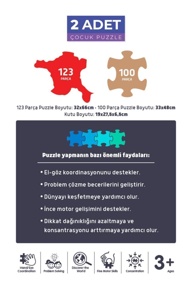2 ADET PUZZLE - 123 PARÇA TÜRKİYE HARİTASI (HER İL AYRI PARÇA) ve 100 PARÇA DÜNYA HARİTASI