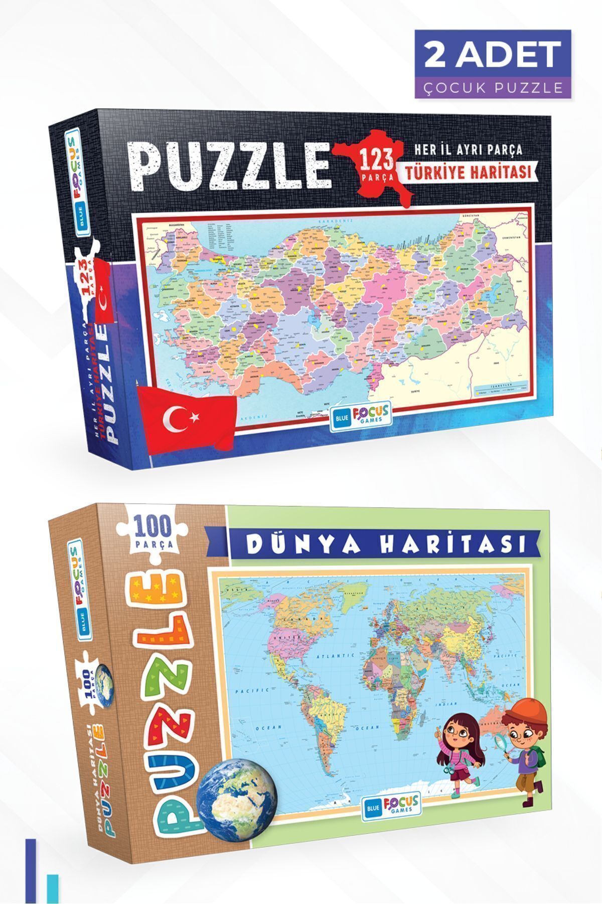 2 ADET PUZZLE - 123 PARÇA TÜRKİYE HARİTASI (HER İL AYRI PARÇA) ve 100 PARÇA DÜNYA HARİTASI