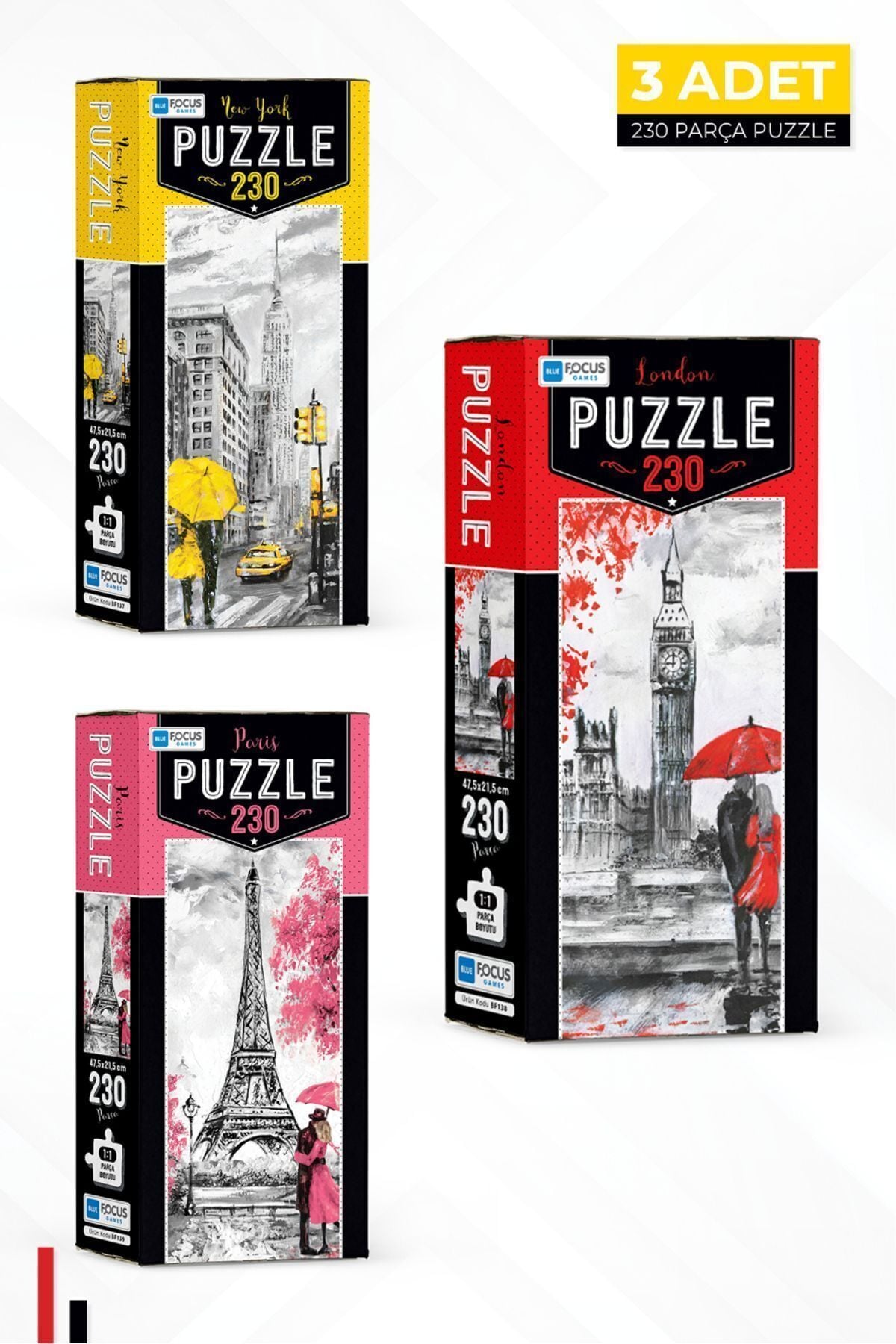 3 ADET 230 PARÇA PUZZLE - NEW YORK ve LONDON VE PARIS