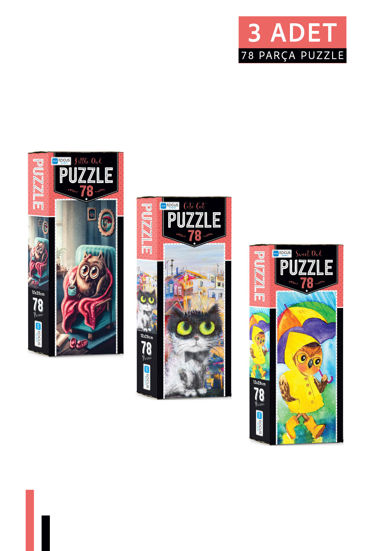 3 ADET 78 Parça Puzzle-Little Owl ve Cute Cat ve Sweet Owl
