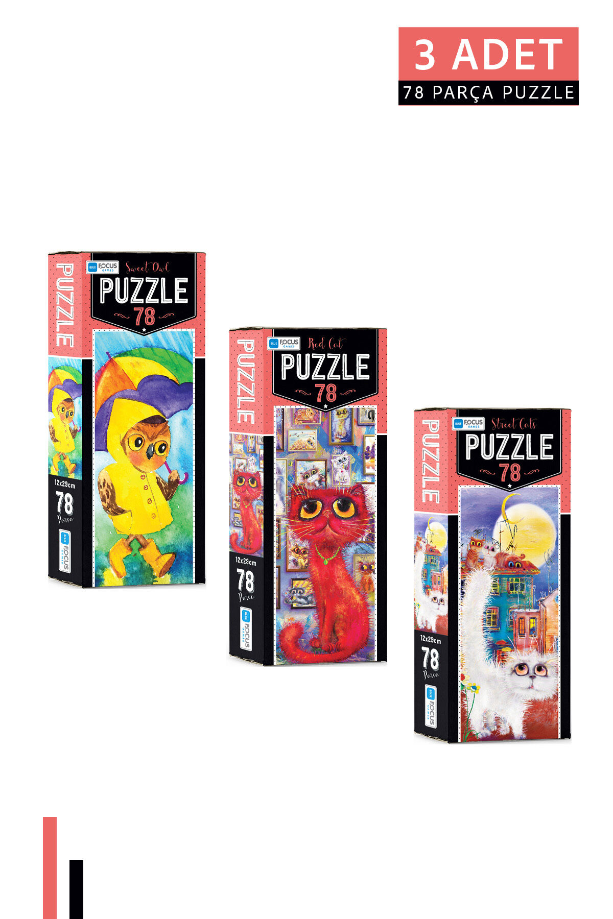 3 ADET 78 Parça Puzzle-Sweet Owl ve Red Cat ve Street Cats