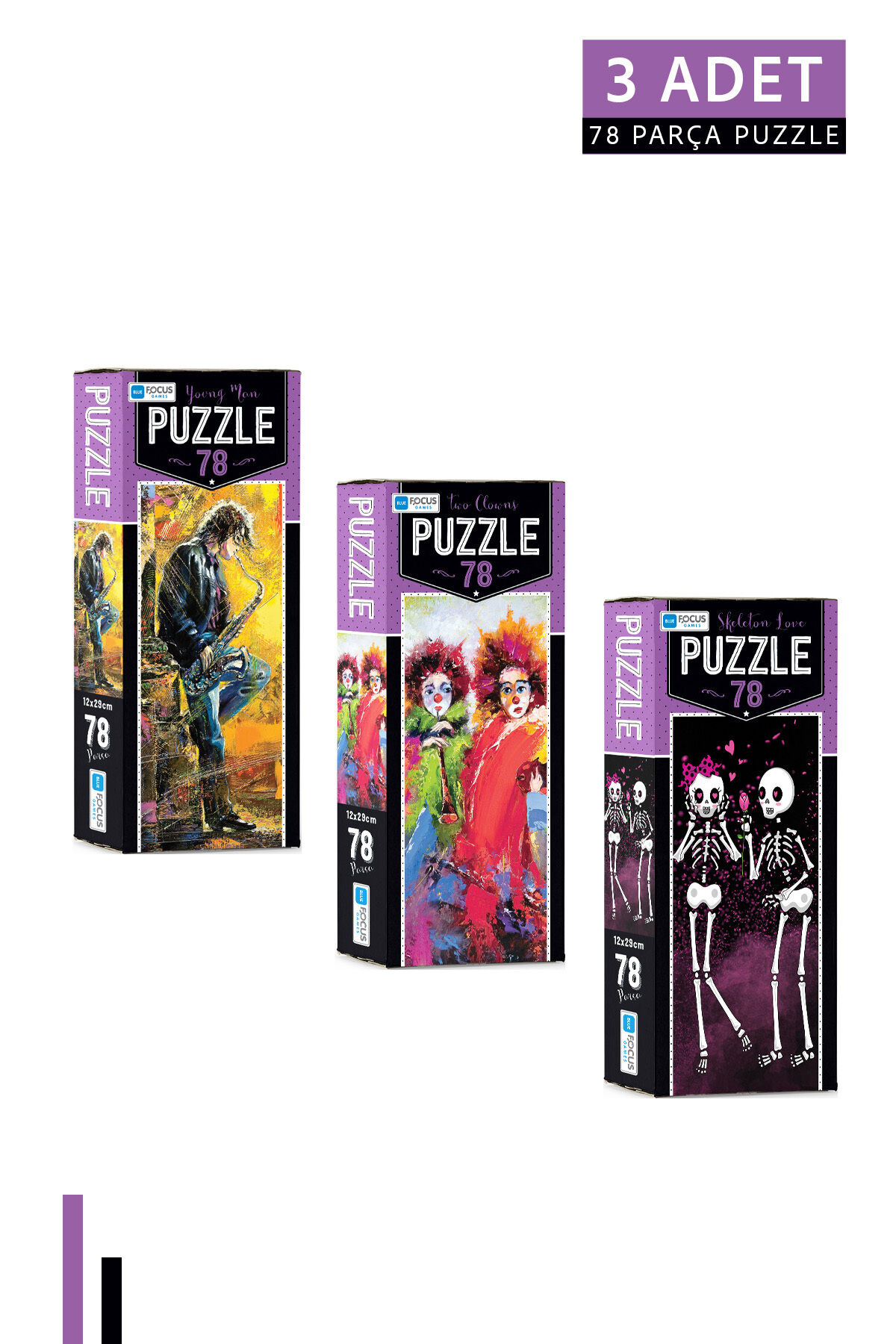 3 ADET 78 Parça Puzzle-Young Man ve Two Cowns ve Skeleton Love