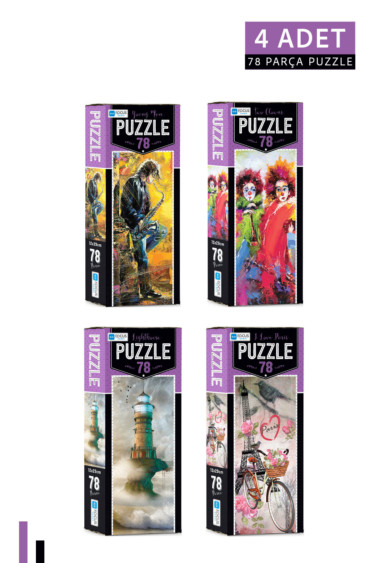 4 ADET 78 Parça Puzzle-Young Man ve Two Cowns ve Lighthouse ve I Love Paris