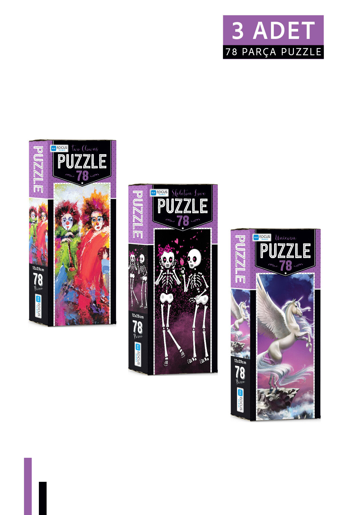 3 ADET 78 Parça Puzzle-Two Cowns ve Skeleton Love ve Unicorn