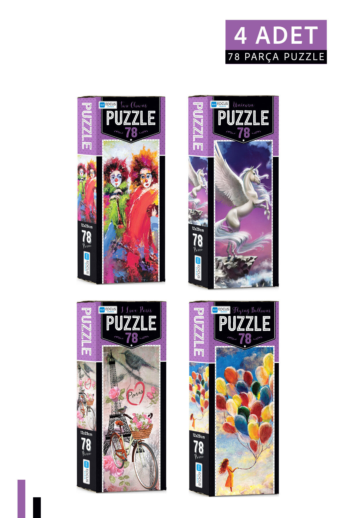 4 ADET 78 Parça Puzzle-Two Cowns ve Unicorn ve I Love Paris ve Flying Balloons