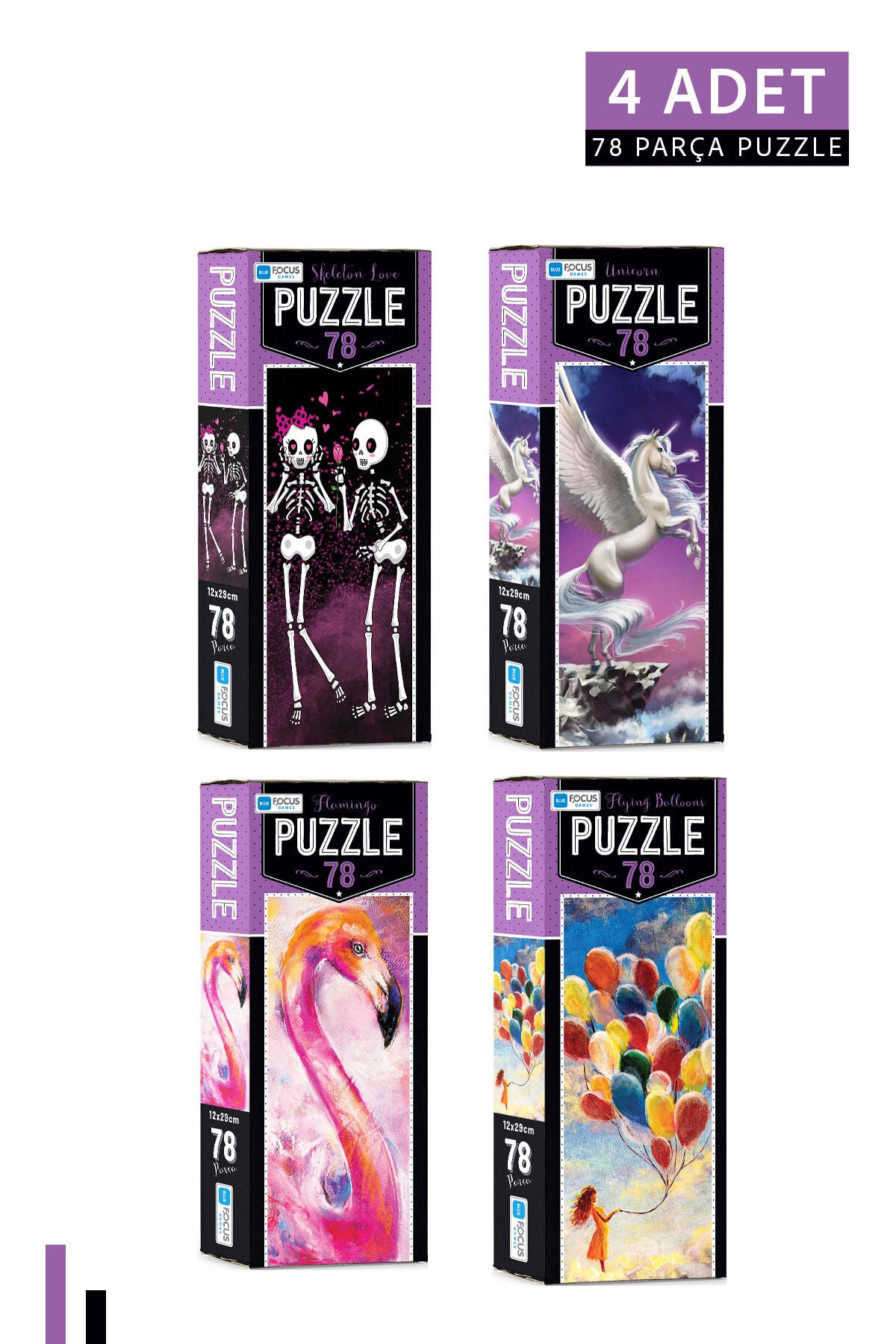 4 ADET 78 Parça Puzzle- Skeleton Love ve Unicorn ve Flamingo ve Flying Balloons