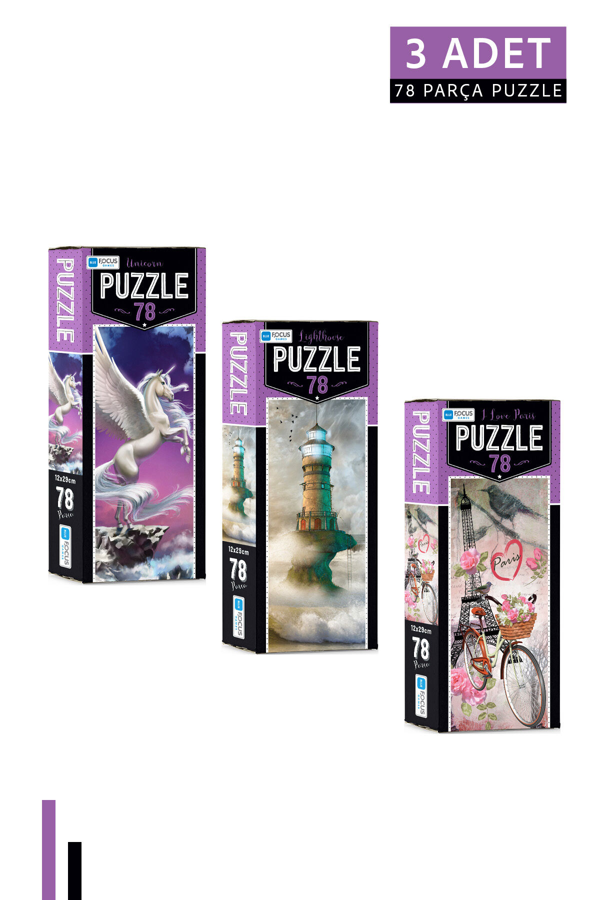 3 ADET 78 Parça Puzzle-Unicorn ve Lighthouse ve I Love Paris