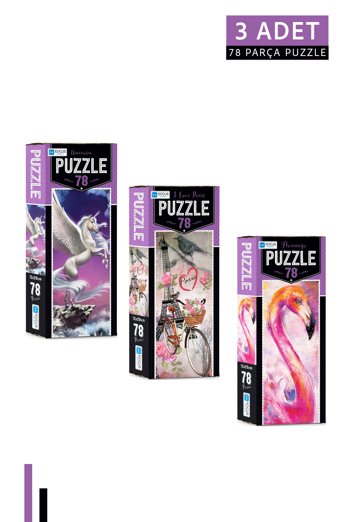 3 ADET 78 Parça Puzzle-Unicorn ve I Love Paris ve Flamingo