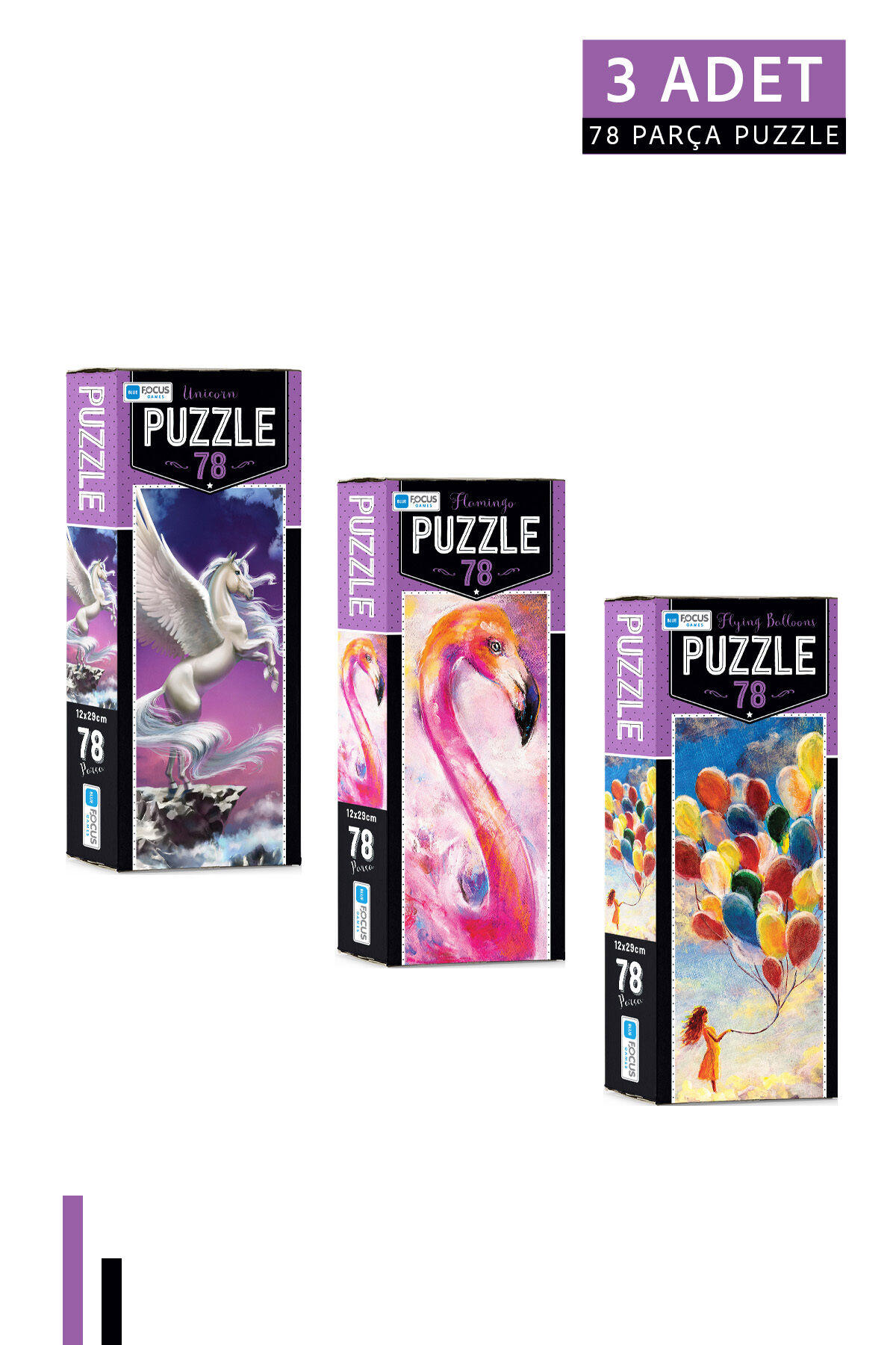 3 ADET 78 Parça Puzzle-Unicorn ve Flamingo ve Flying Balloons