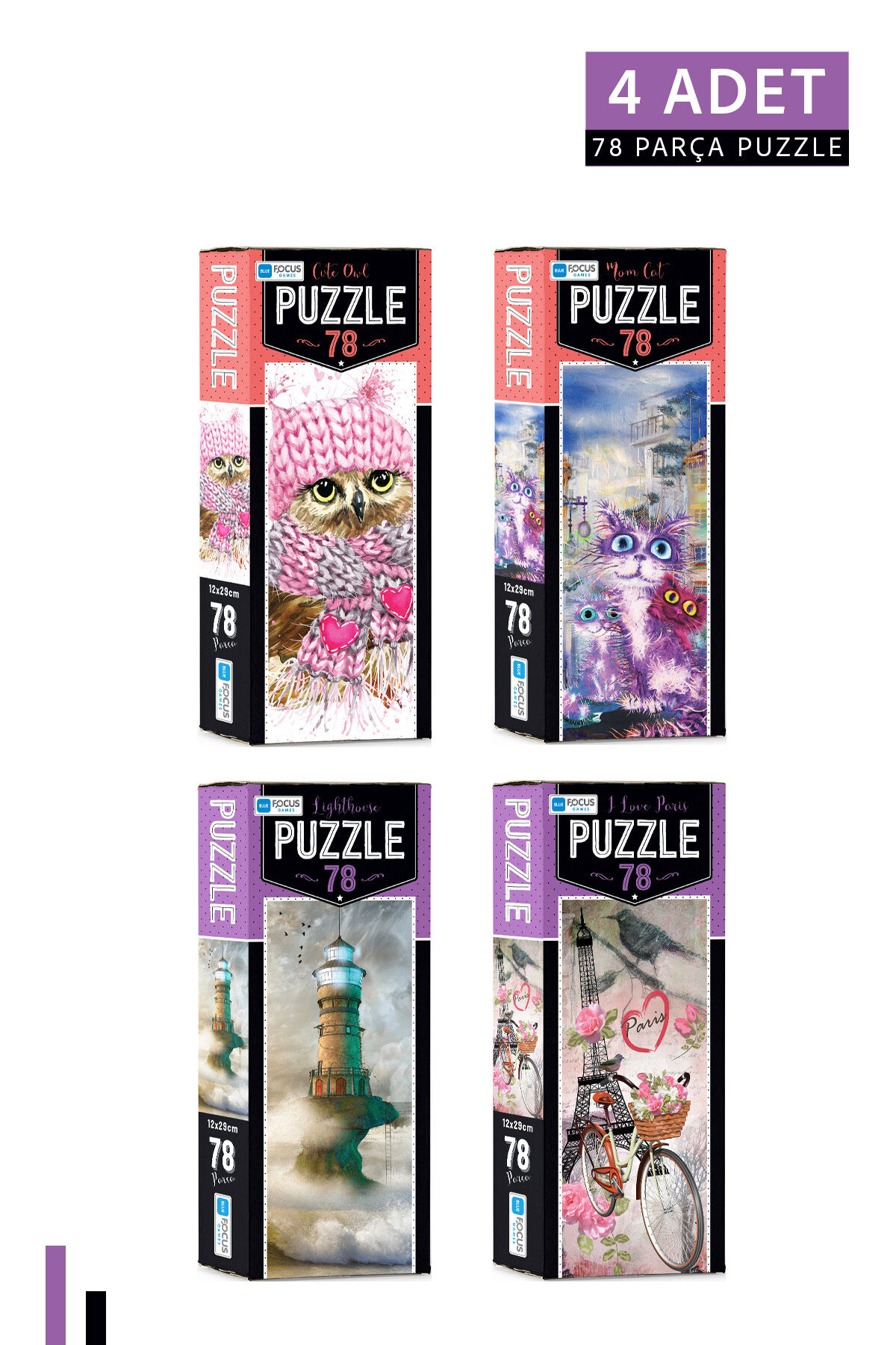 4 ADET 78 Parça Puzzle-Lighthouse ve I Love Paris ve Cute Owl ve Mom Cat