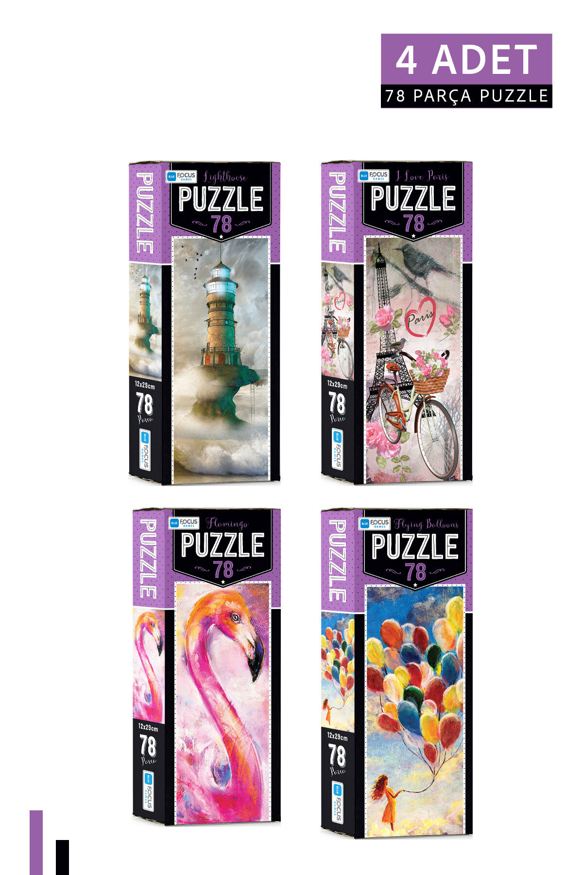 4 ADET 78 Parça Puzzle-Lighthouse ve I Love Paris ve Flamingo ve Flying Balloons