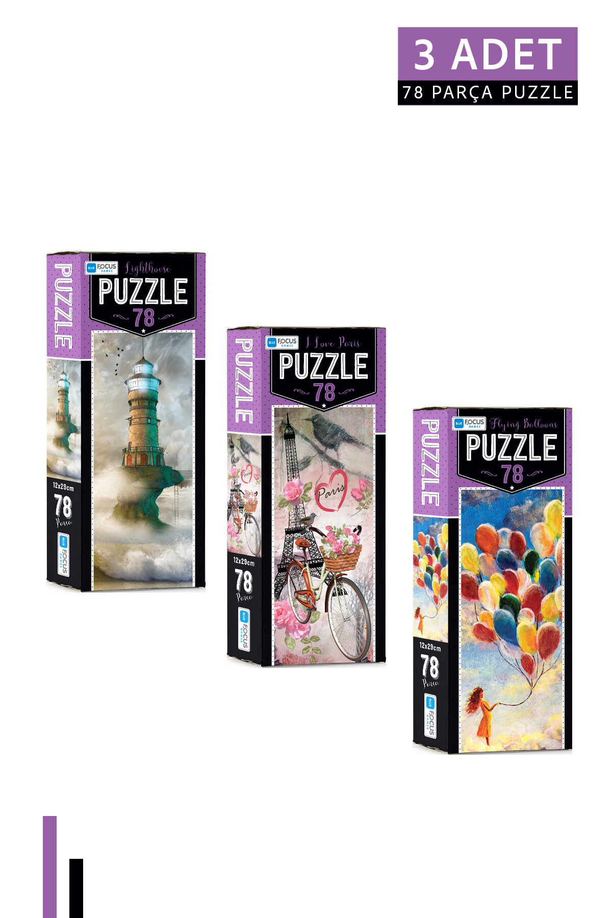 3 ADET 78 Parça Puzzle-Lighthouse ve I Love Paris ve Flying Balloons
