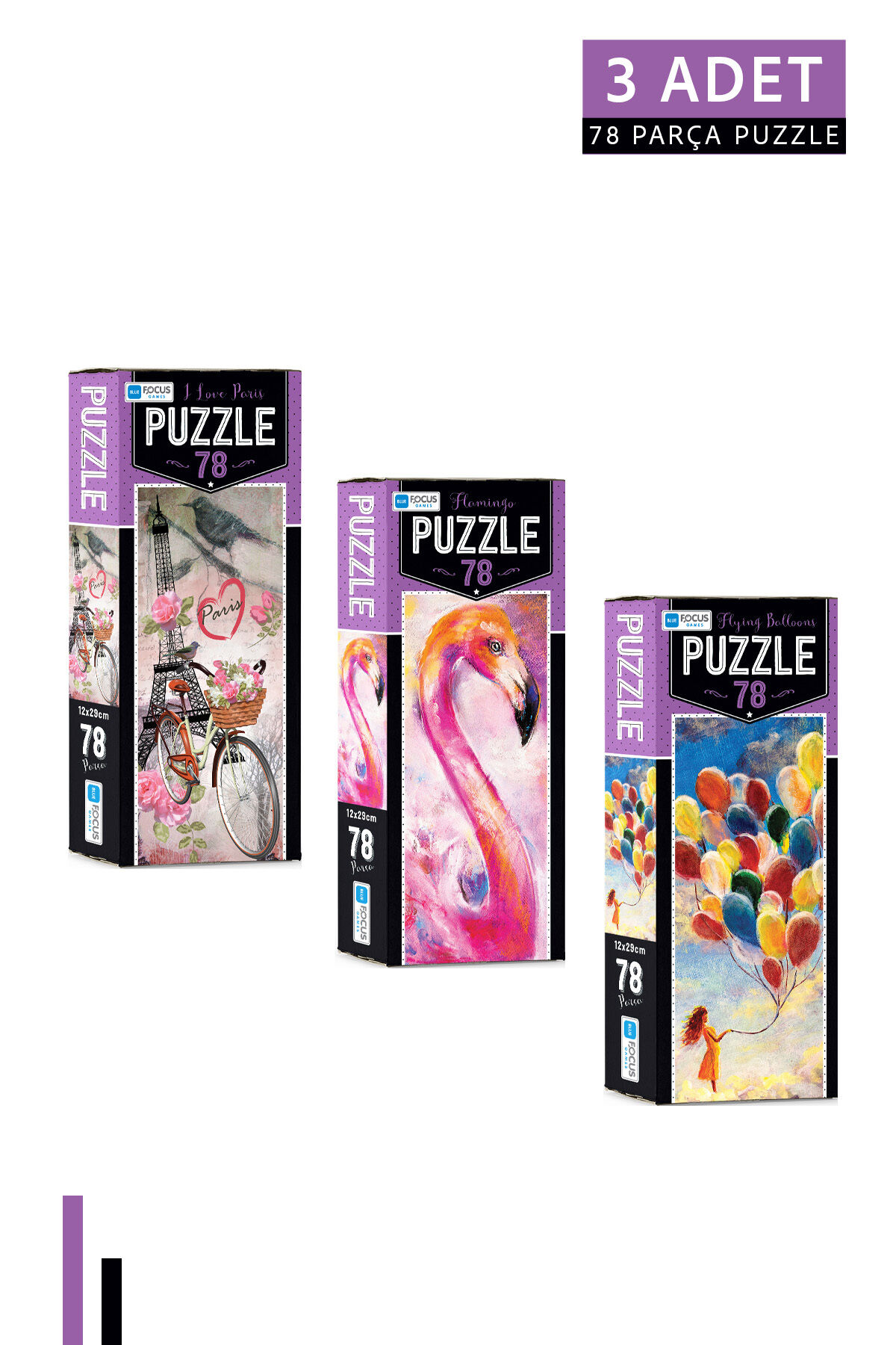 3 ADET 78 Parça Puzzle-I Love Paris ve Flamingo ve Flying Balloons