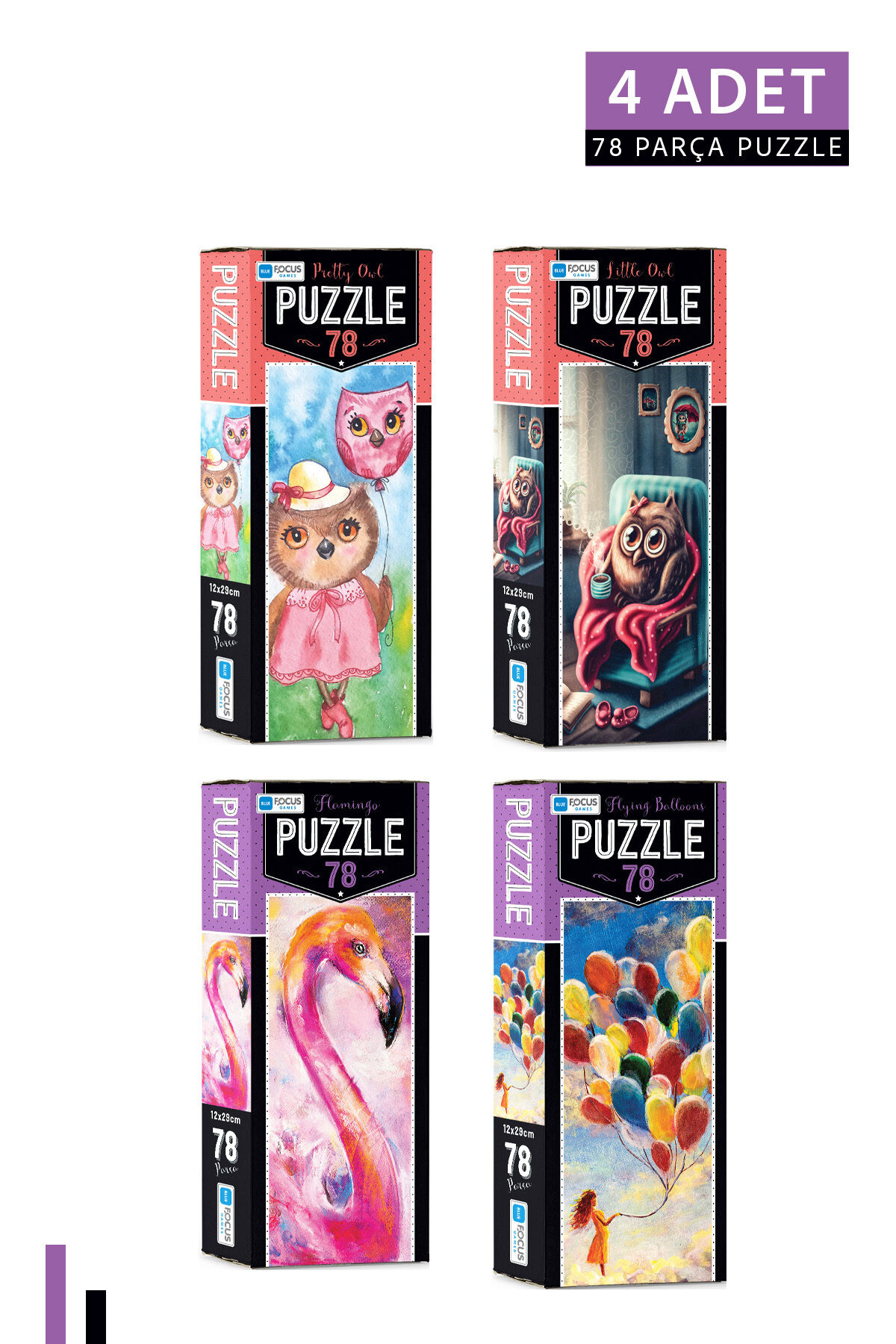 4 ADET 78 Parça Puzzle- Flamingo ve Flying Balloons ve Pretty Owl ve Little Owl