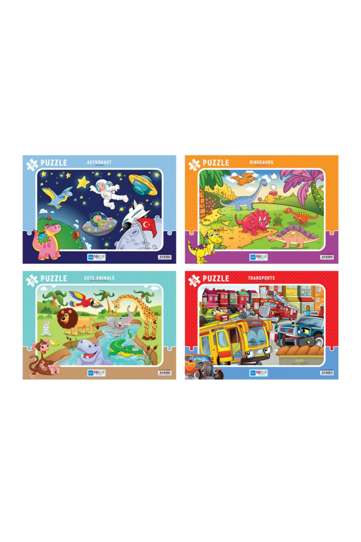 30 Parça Frame Puzzle - 4'lü Set Erkek Çocuk Astronot, Dinozorlar, Sevimli Hayvanlar, Taşıtlar