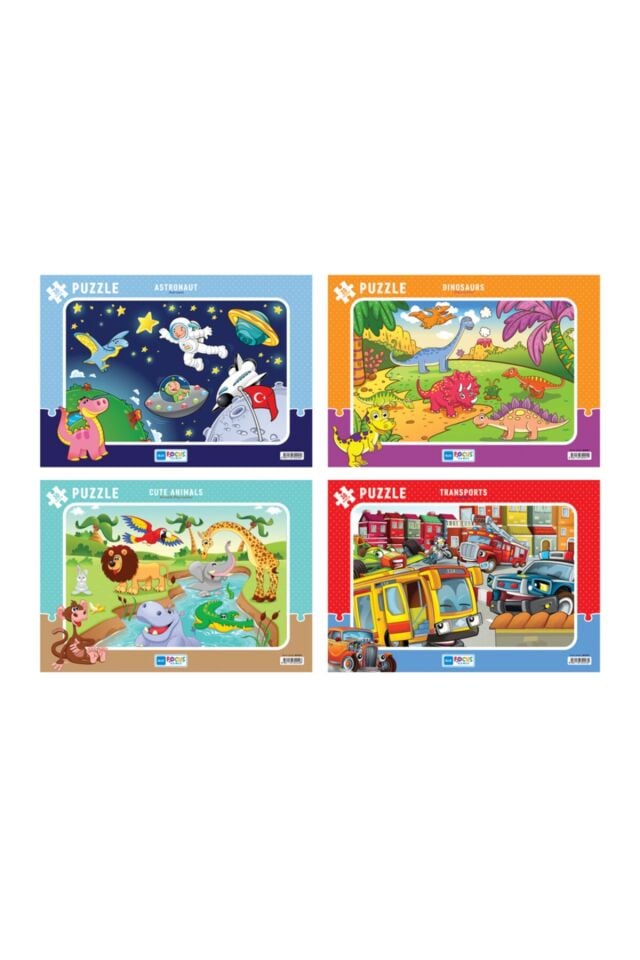 30 Parça Frame Puzzle - 4'lü Set Erkek Çocuk Astronot, Dinozorlar, Sevimli Hayvanlar, Taşıtlar