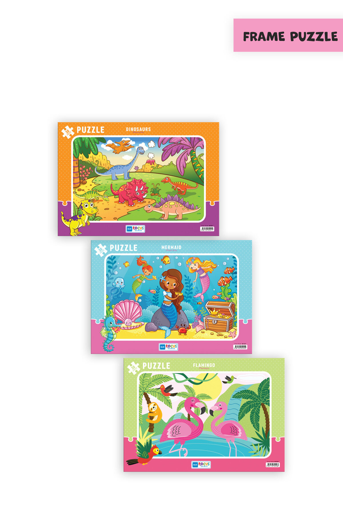 3 ADET 30 PARÇA ÇOCUK PUZZLE DİNOZORLAR VE DENİZ KIZI VE FLAMİNGO