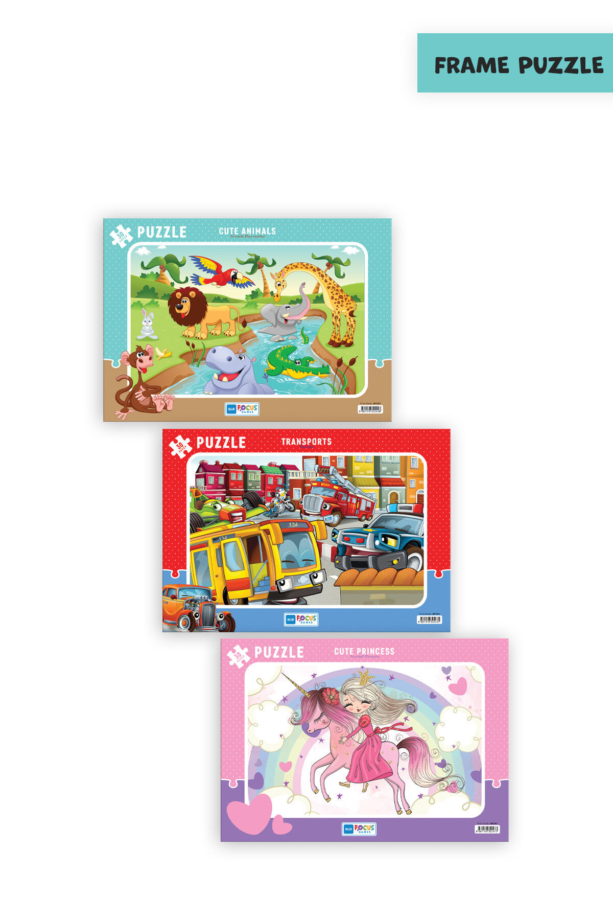 3 ADET 30 PARÇA ÇOCUK PUZZLE SEVİMLİ HAYVANLAR VE TAŞITLAR VE SEVİMLİ PRENSES