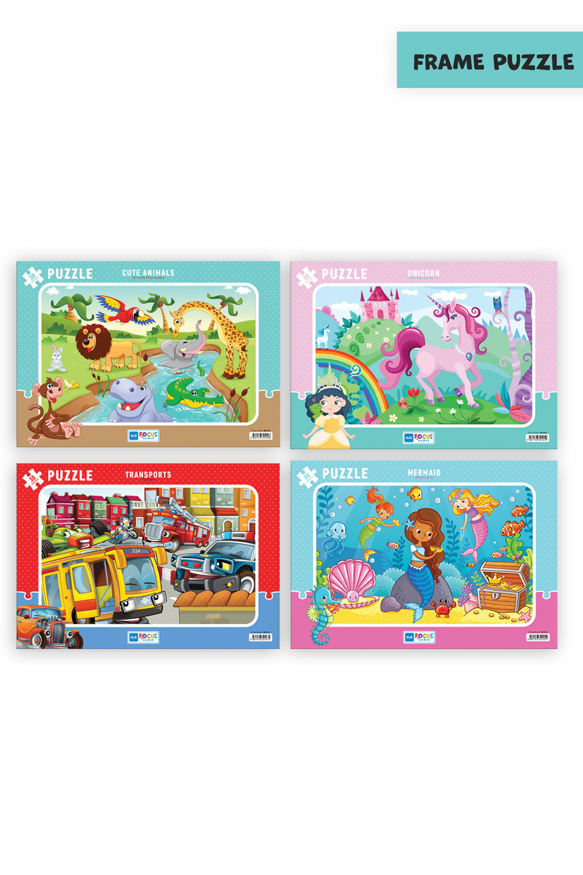 4 ADET 30 PARÇA ÇOCUK PUZZLE TAŞITLAR VE SEVİMLİ HAYVANLAR VE DENİZ KIZI VE TEK BOYNUZLU AT