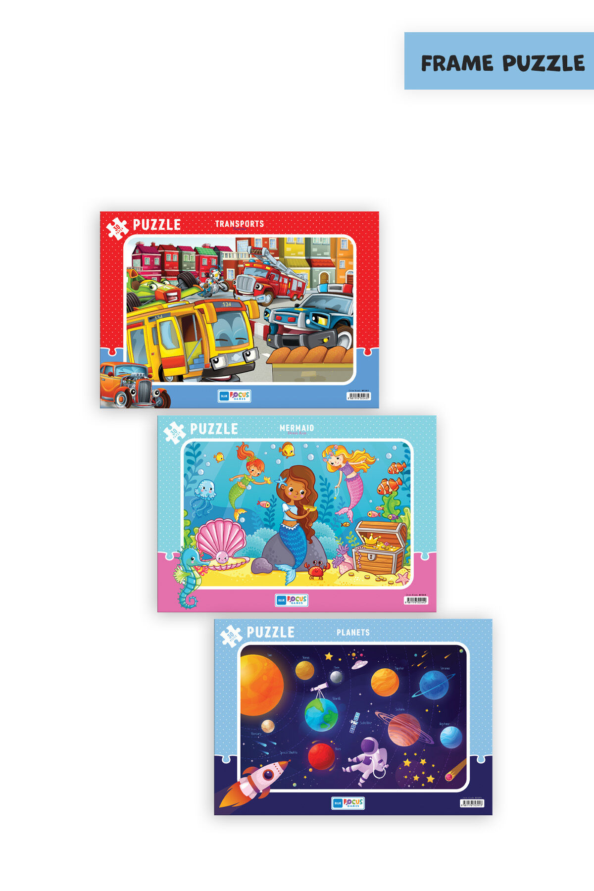 3 ADET 30 PARÇA ÇOCUK PUZZLE TAŞITLAR VE DENİZ KIZI VE GEZEGENLER