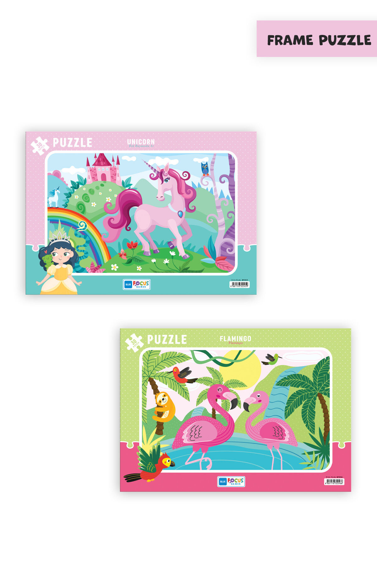 2 ADET 30 PARÇA ÇOCUK PUZZLE TEK BOYNUZLU AT VE FLAMİNGO