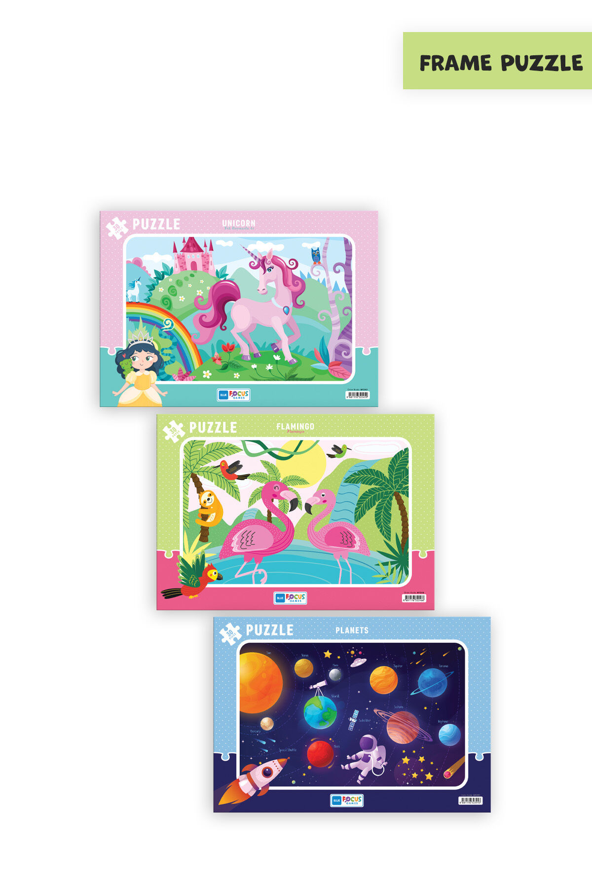 3 ADET 30 PARÇA ÇOCUK PUZZLE TEK BOYNUZLU AT VE FLAMİNGO VE GEZEGENLER