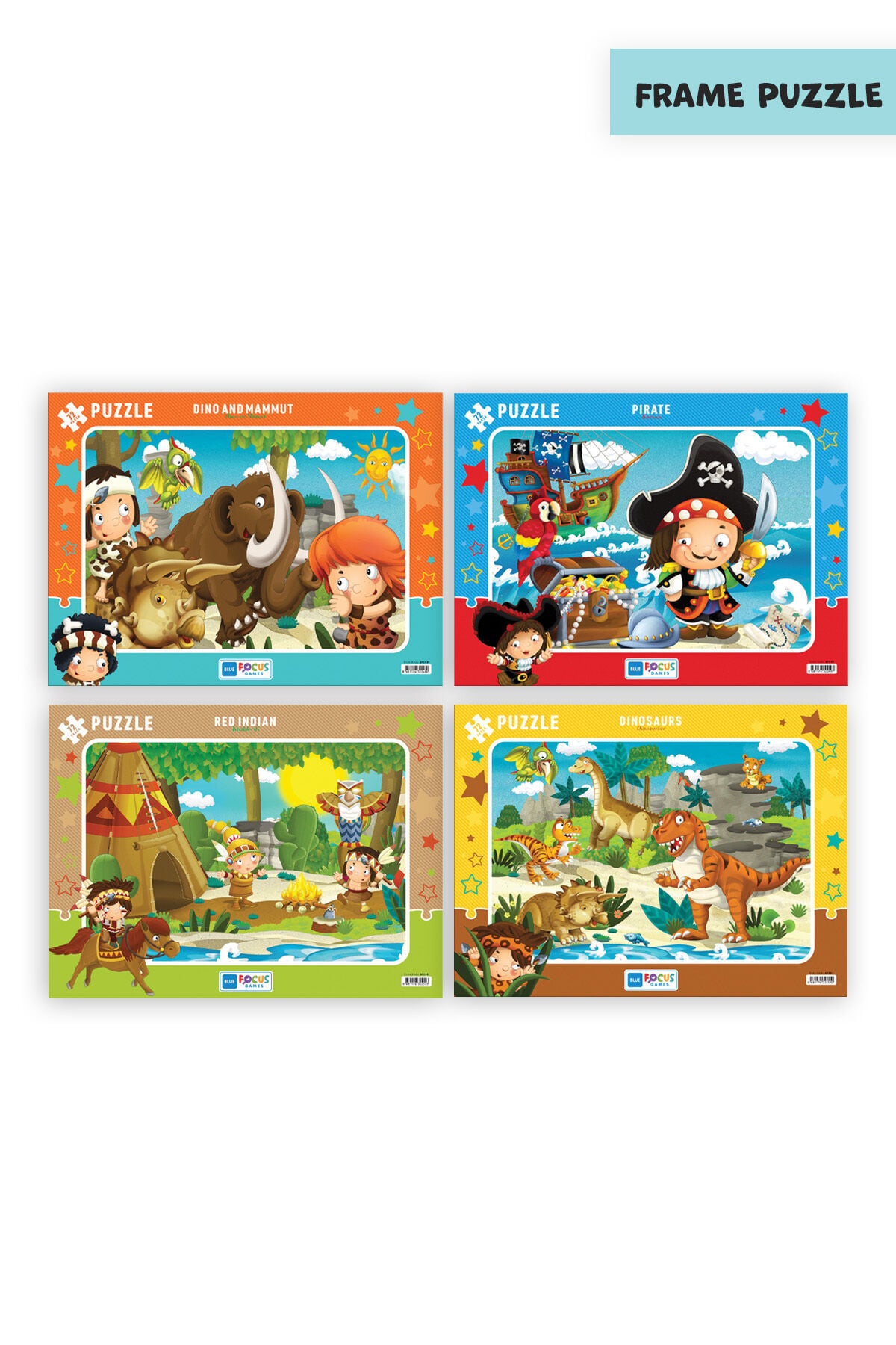 72 Parça Frame Puzzle - 4'lü Set Korsan, Kızılderili, Dinozorlar, Dino Ve Mamut