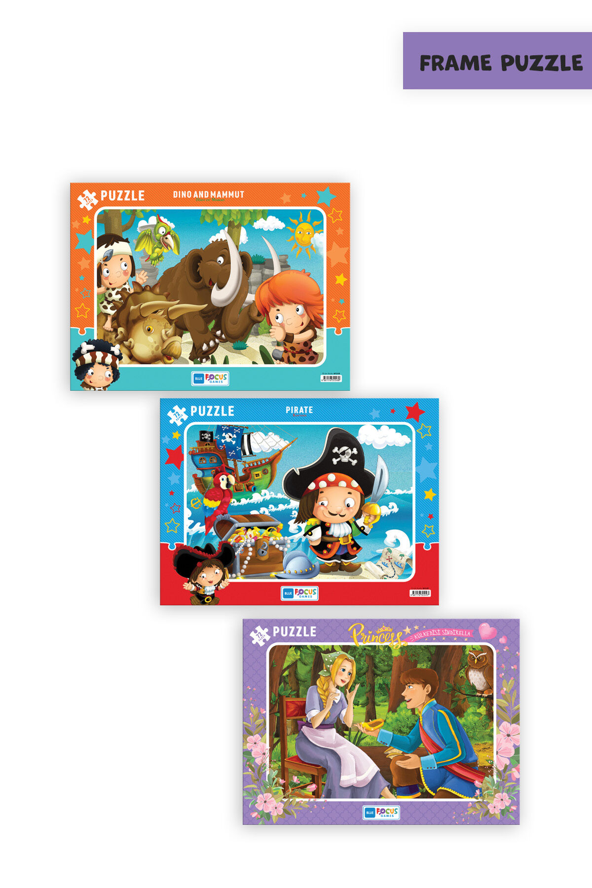 3 ADET 72 PARÇA ÇOCUK PUZZLE DİNO VE MAMUT VE KORSAN VE PRINCESS KÜLKEDİSİ SİNDİRELLA