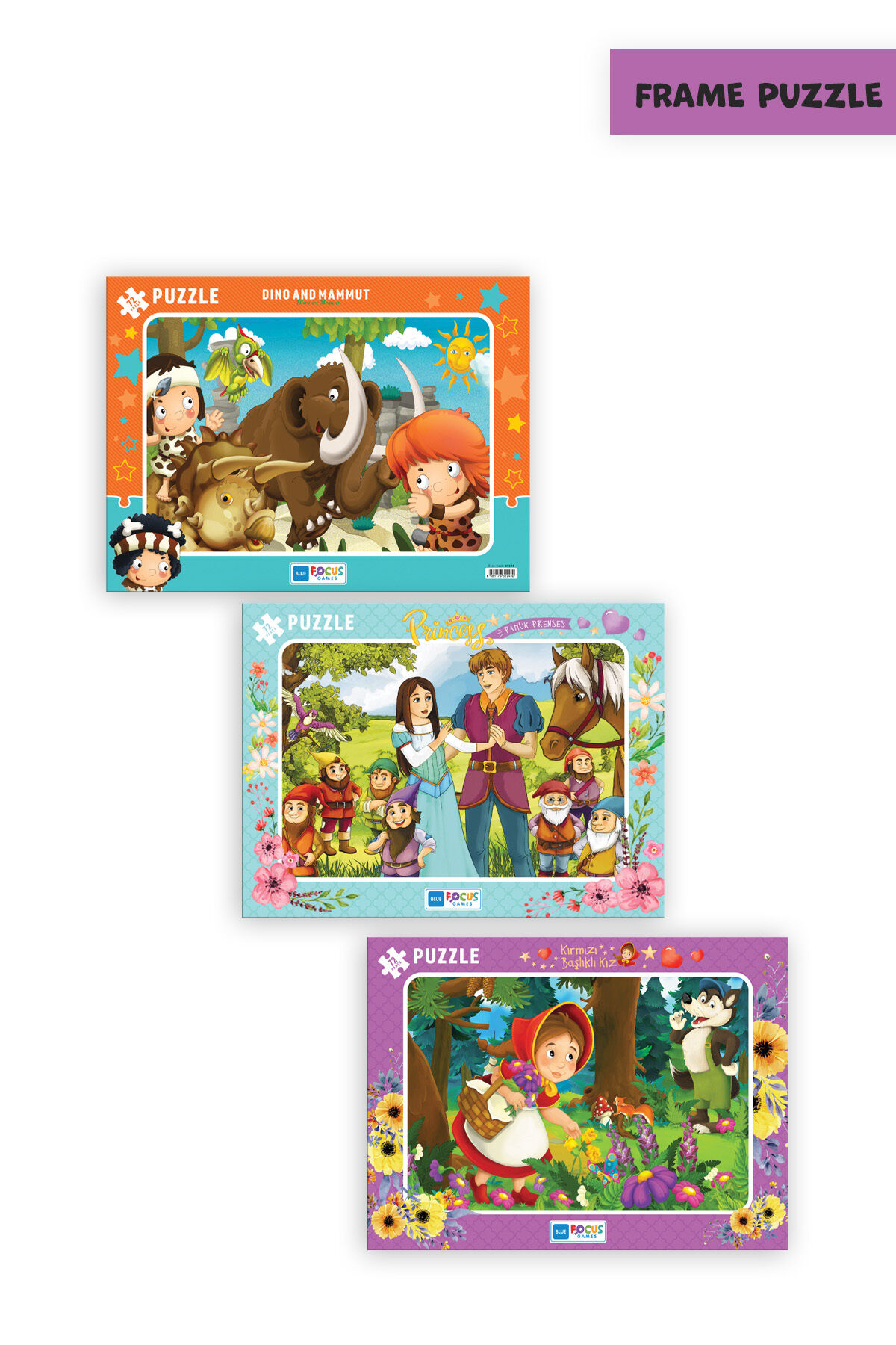 3 ADET 72 PARÇA ÇOCUK PUZZLE DİNO VE MAMUT VE PRINCESS PAMUK PRENSES VE KIRMIZI BAŞLIKLI KIZ