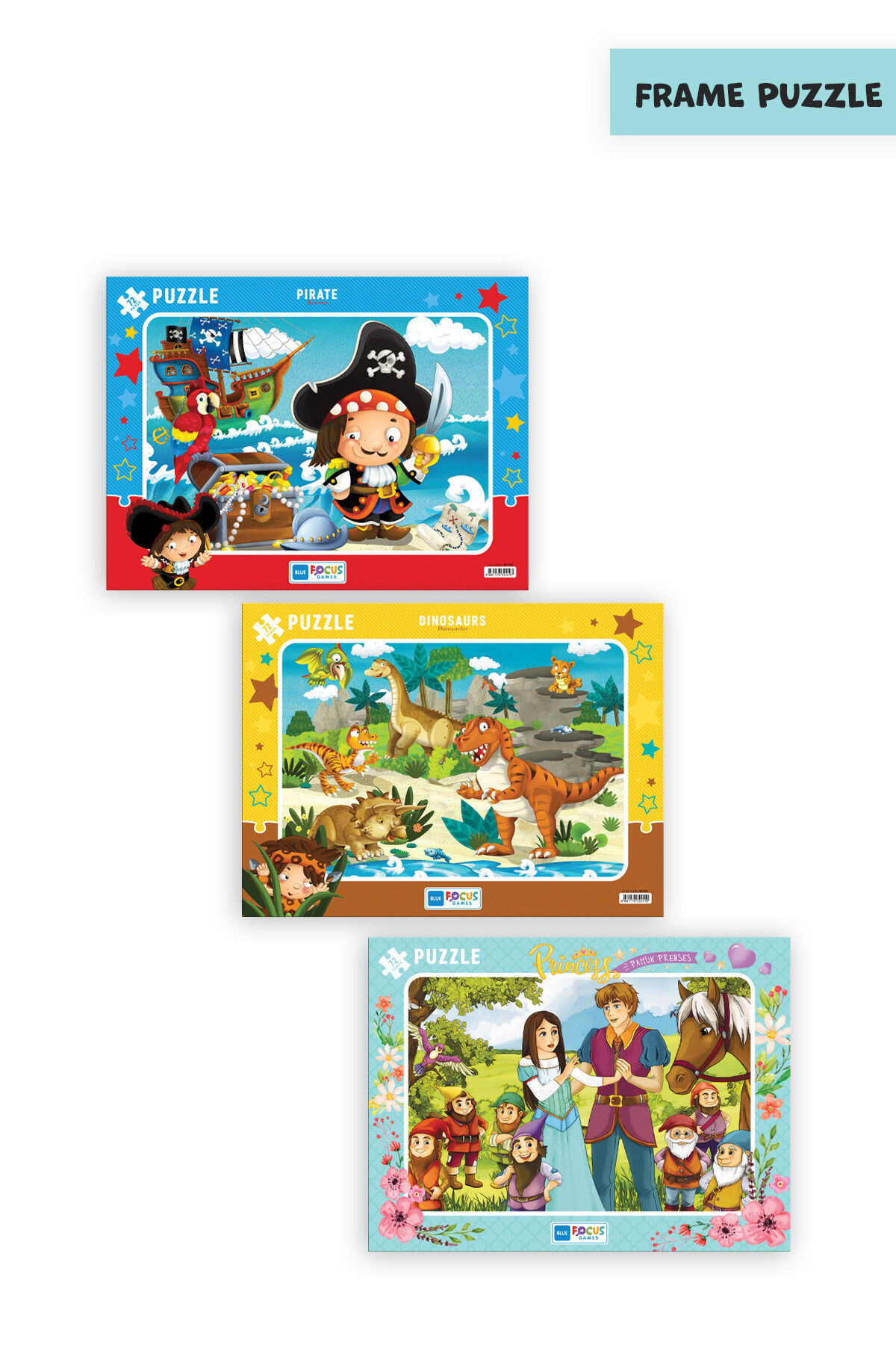 3 ADET 72 PARÇA ÇOCUK PUZZLE KORSAN VE DİNOZORLAR VE PRINCESS PAMUK PRENSES