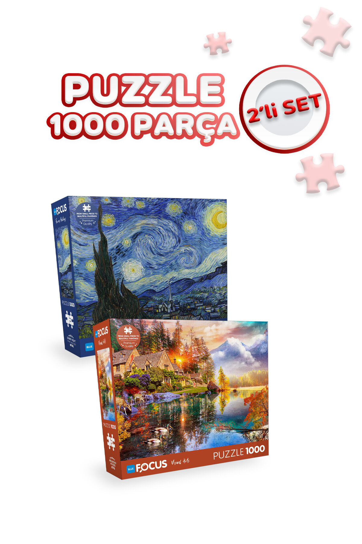 2 Adet 1000 Parça Puzzle - Starry Night (Yıldızlı Gece) - Mountain Houses (Dağ Evleri)