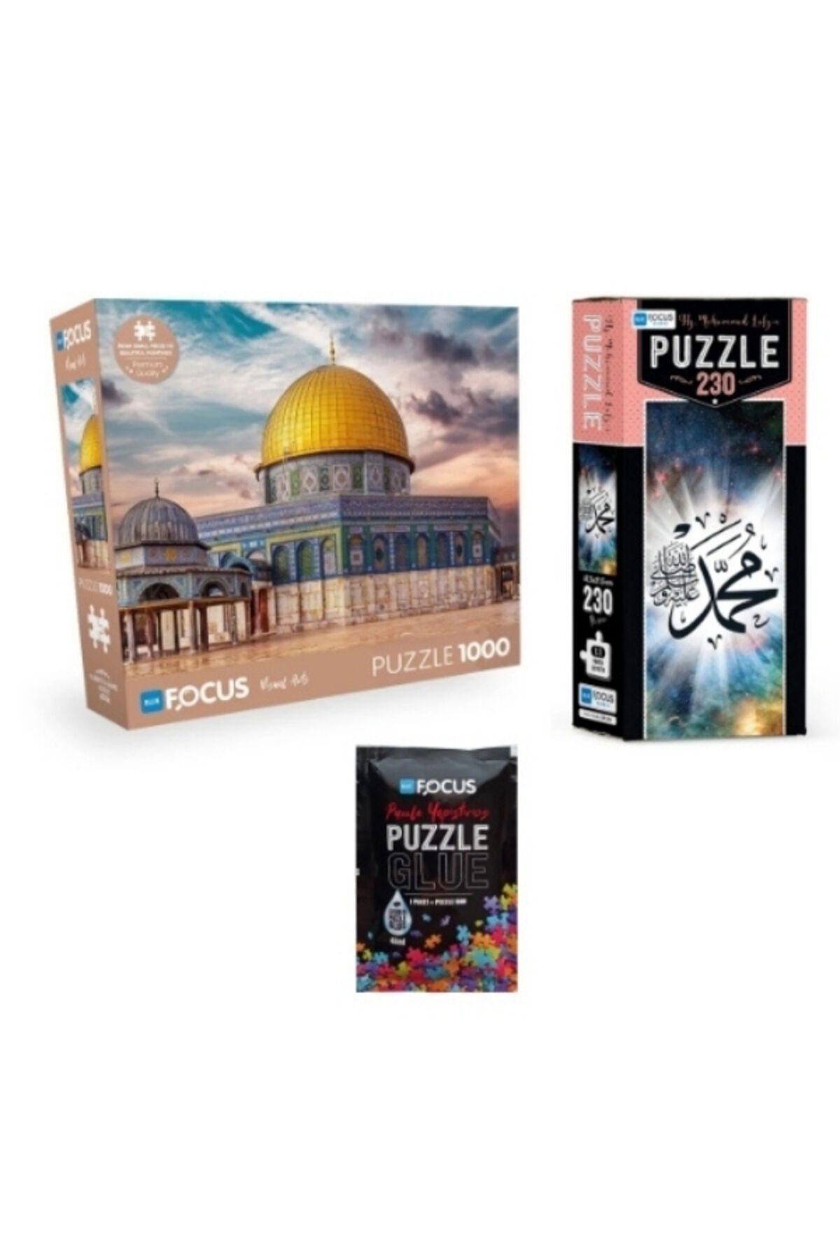 3'lü Set Puzzle - 1000 Parça Kudüs +  230 Parça Hz. Muhammed Lafzı + Puzzle Yapıştırıcı