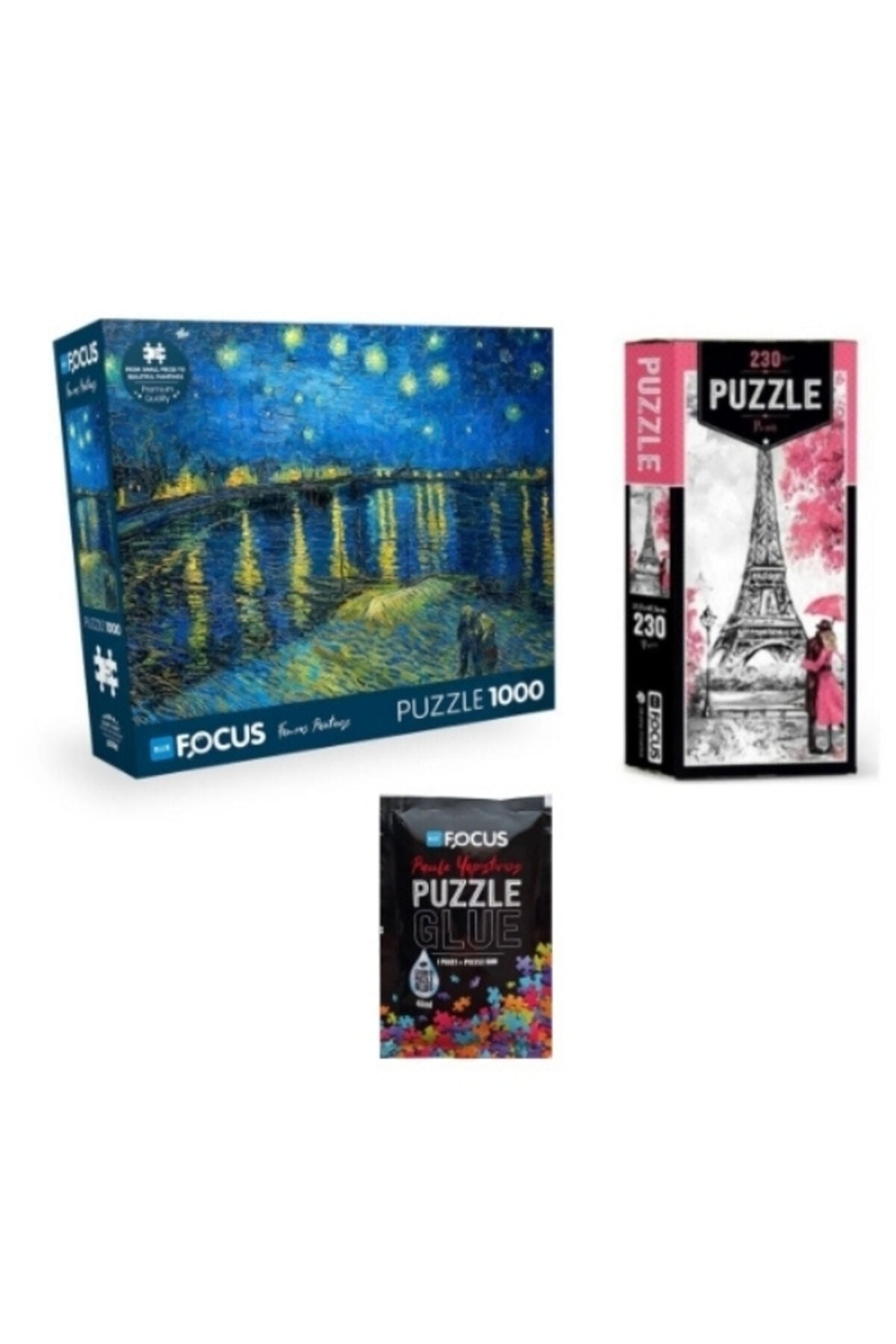 3'lü Set Puzzle - 1000 Parça Ren Nehri’nde Yıldızlı Bir Gece + 230 Parça Paris + Puzzle Yapıştırıcı