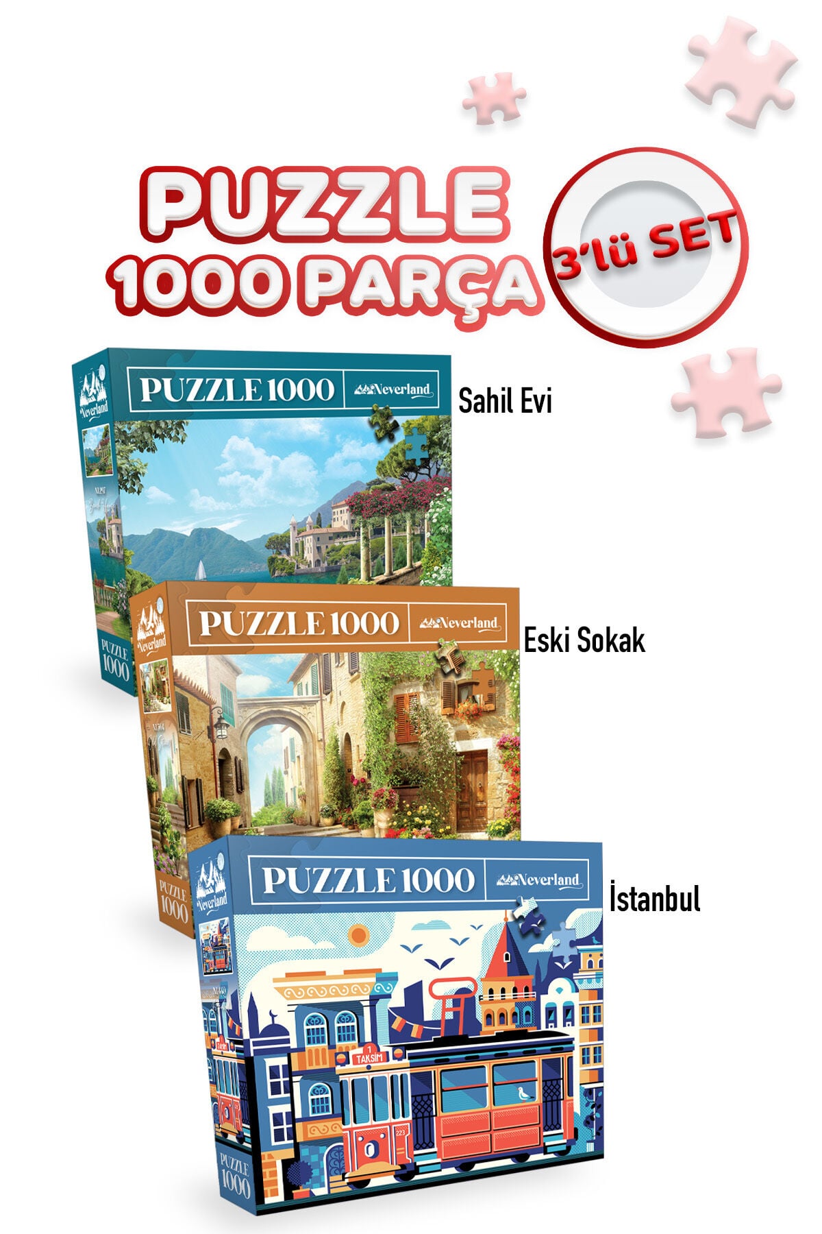 3 ADET 1000 PARÇA PUZZLE - SAHİL EVİ VE ESKİ SOKAK VE ISTANBUL