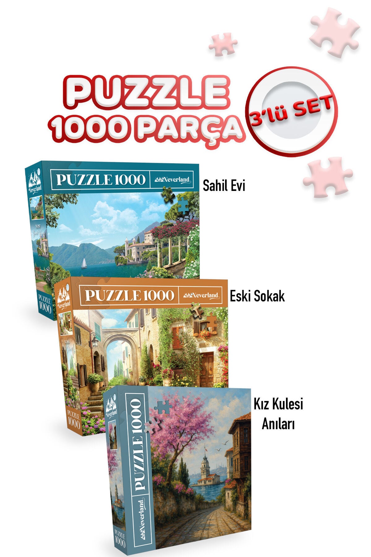 3 ADET 1000 PARÇA PUZZLE - SAHİL EVİ VE ESKİ SOKAK VE KIZ KULESİ ANILARI