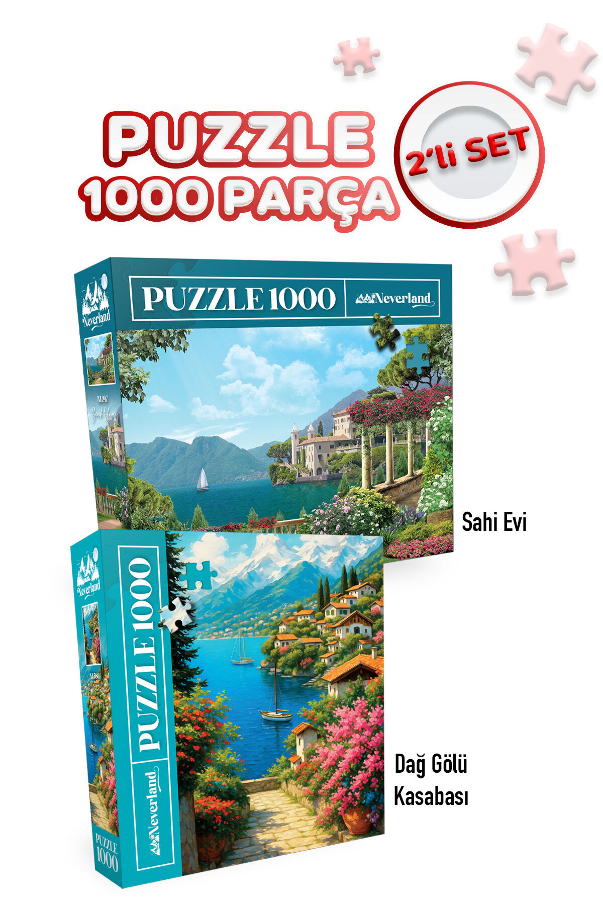 2 ADET 1000 PARÇA PUZZLE- SAHİL EV VE DAĞ GÖLÜ KASABASI