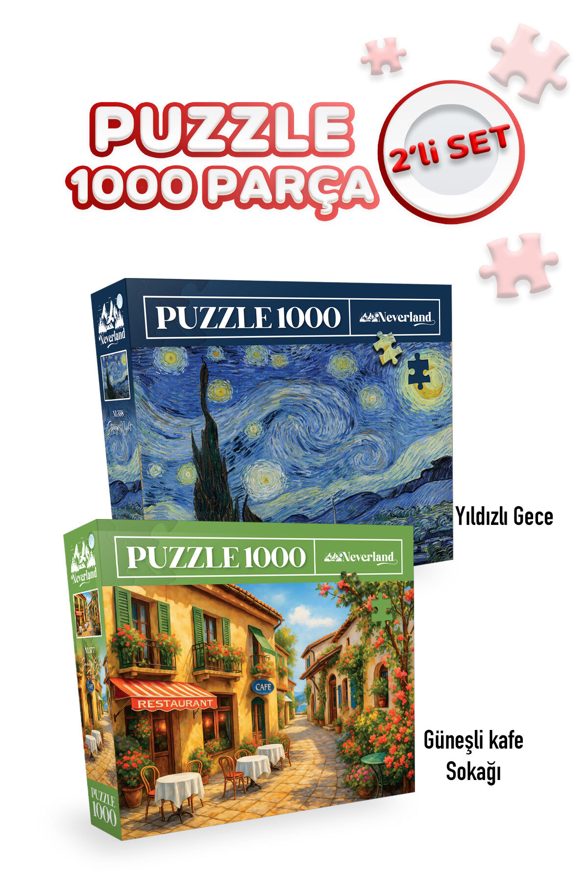 2 ADET 1000 PARÇA PUZZLE- YILDIZLI GECE VE GÜNEŞLİ KAFE SOKAĞI