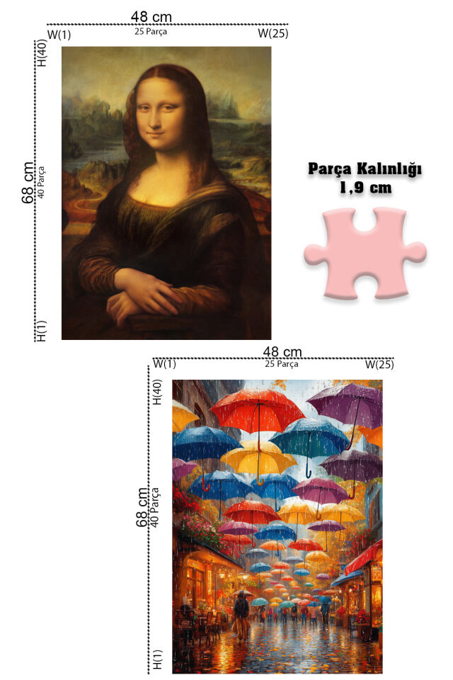 2 ADET 1000 PARÇA PUZZLE- MONO LISA VE YAĞMURLU ŞEMSİYELİ SOKAK