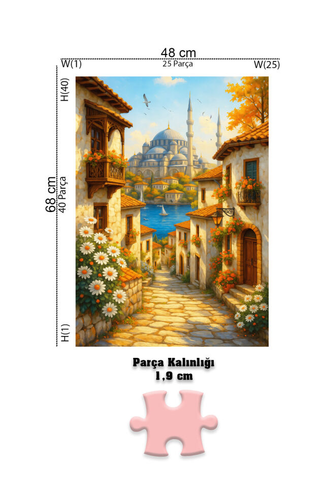 3 ADET 1000 PARÇA PUZZLE - MONA LISA VE ESKİ İSTANBUL SOKAĞI VE DAĞ GÖLÜ KASABASI